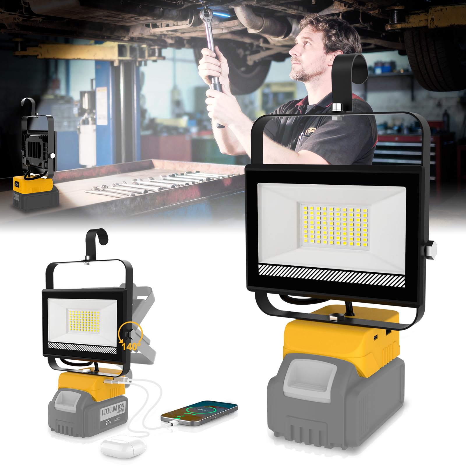 ITOPFOX  Cordless LED Work Light Compatible with Dewalt 20V power cell 60W Flood Light with USB and Type C Charging Ports Adjustable Head for