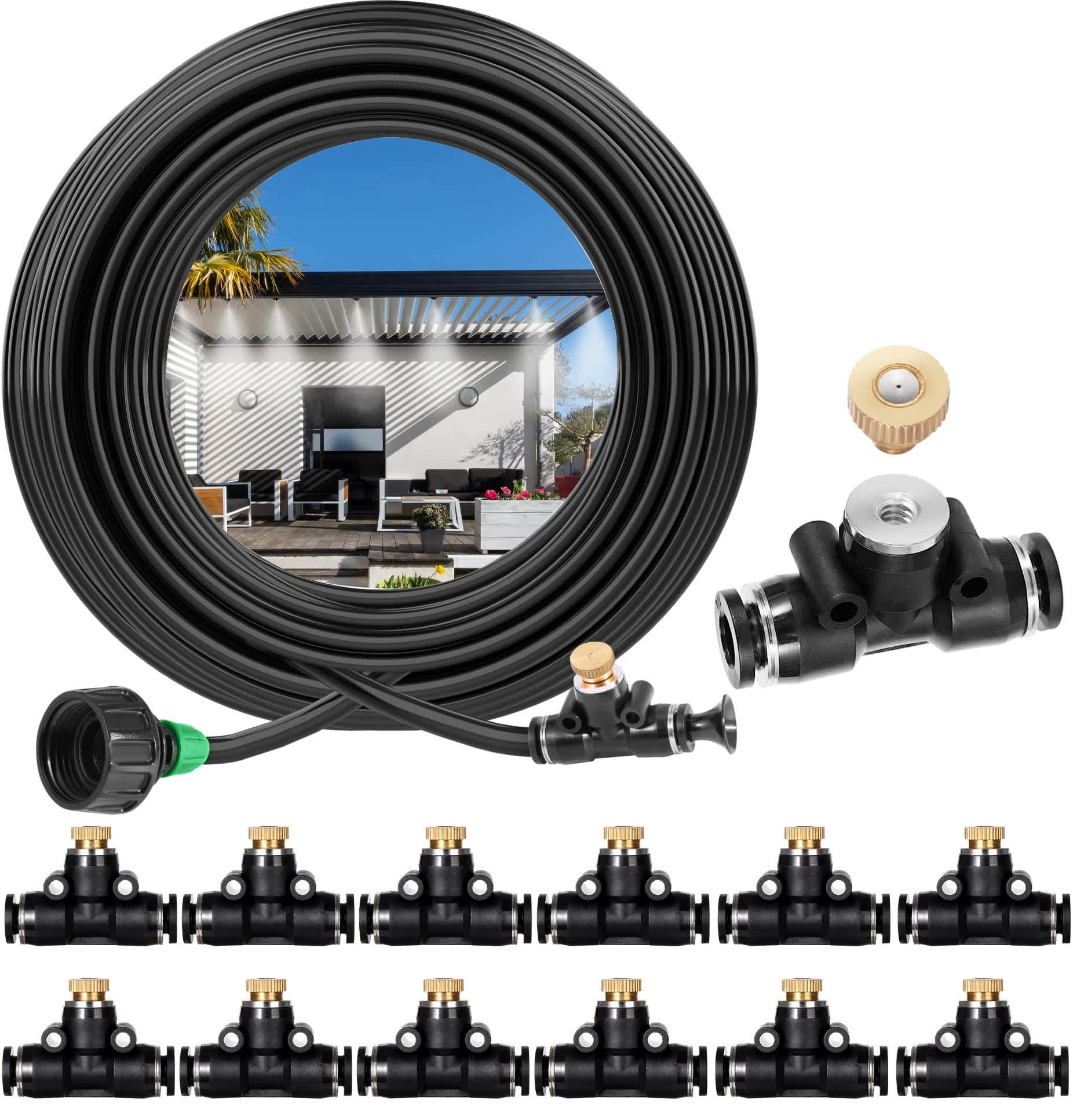 Aoibox  40FT Patio Misting Cooling System Kit 1 Piece Adapter 12 Pcs Brass Nozzles 12 Pcs Tee Connectors 2 Pcs Brass Plugs 2 Pcs Black Plugs 40 Mesh Filter Gasket Water Saving Anti Leak DIY for Garden Greenhouse BBQ Pool