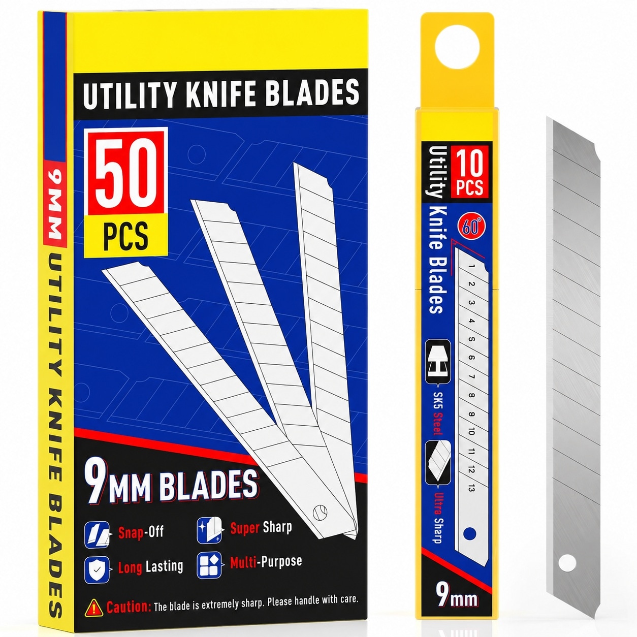 Linder Group Inc 9mm utility knife replacement blades 50 pcs snap off box cutter blades 60 degree angle high carbon steel heavy duty for cardboard foam plastic