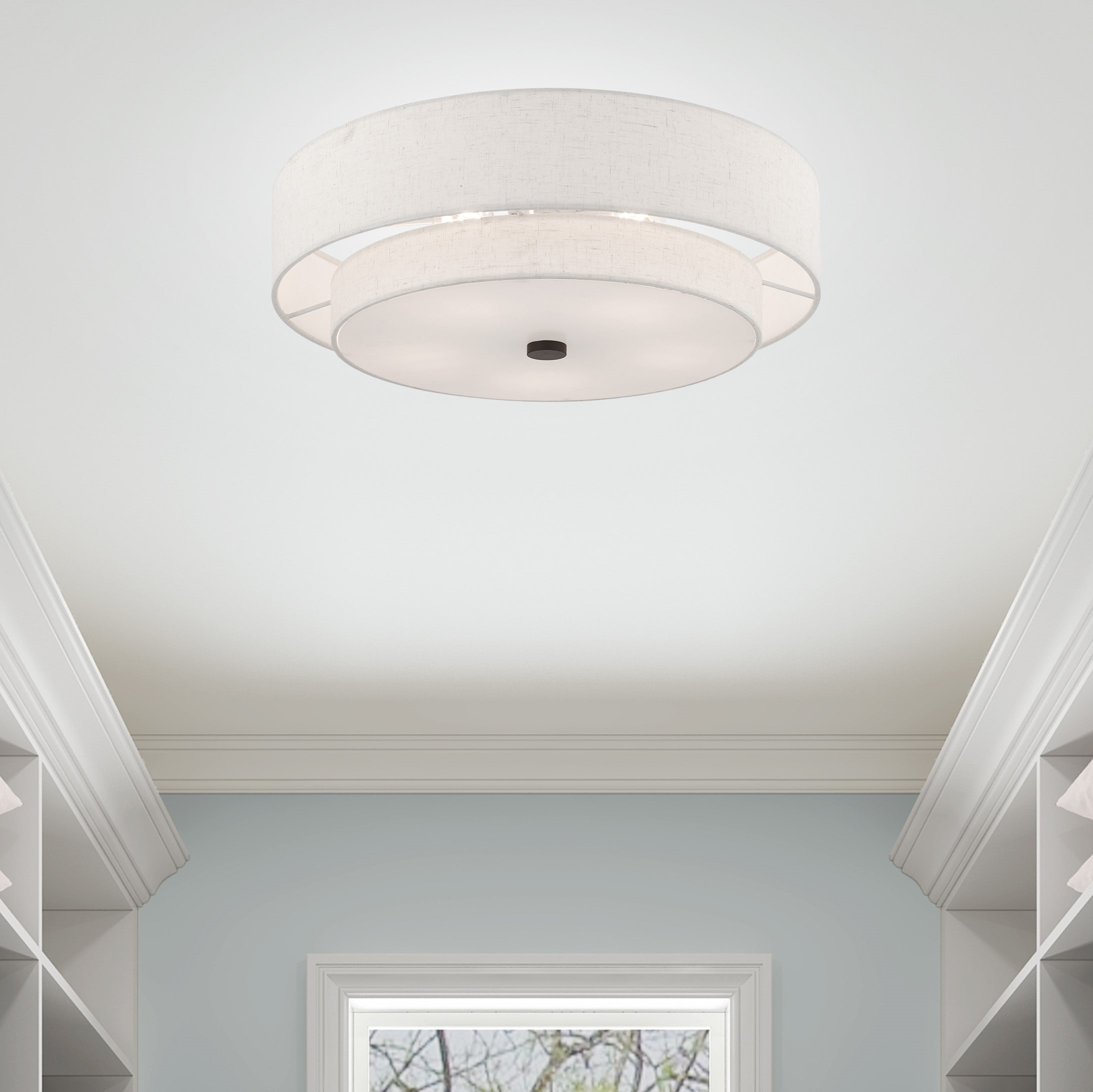 English Bronze Double Drum Semi-Flush Mount Light