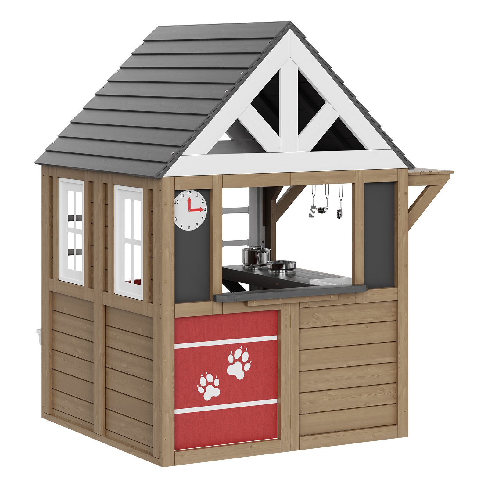 Slickblue Gray Kids Backyard Cedar Wood Playhouse with Kitchen Sink Faucet and Cookware for Outdoor Lawn