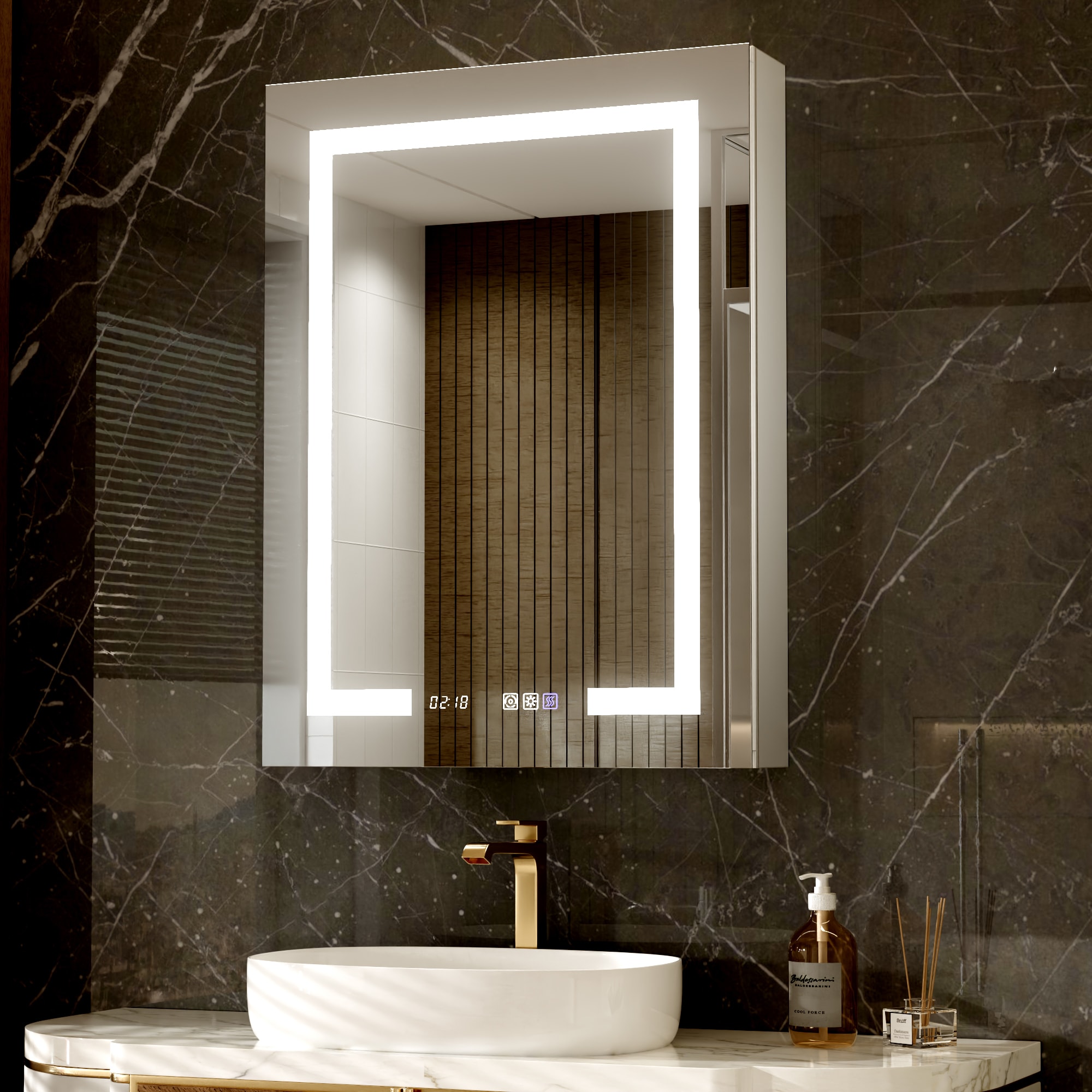 Forclover JSEX2432VLX 24-in x 32-in Lighted LED Fog Free Surface Mount Silver Mirrored Rectangle Soft Close Medicine Cabinet with Outlet