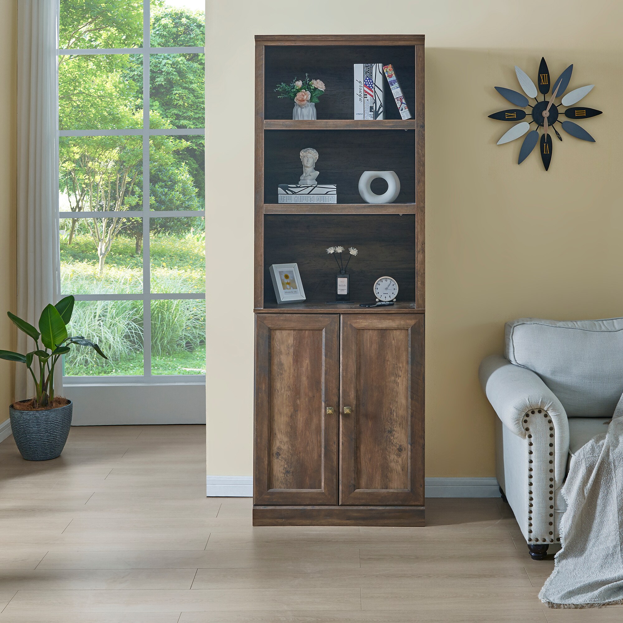 LOVMOR SF-Y-WF531476AAD 1 Doors Bookshelf with USB Port and 3 Open Shelves Bookcase Side Cabinet Storage Shelves Rustic Brown