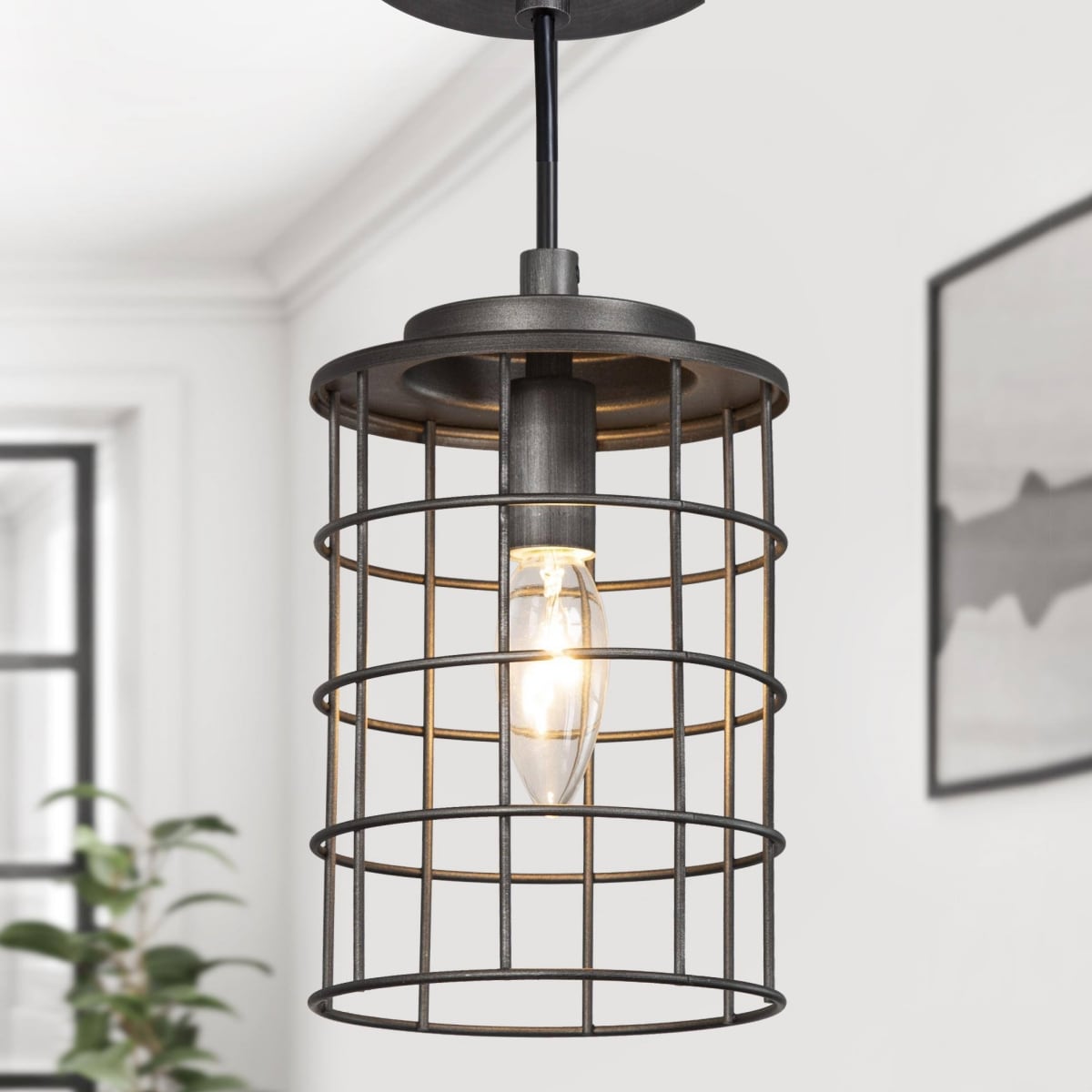 LNC ZIIAUYLWS3951Z7 Mocha 1 -Light Antique black with brushed silver Industrial Cylinder Mini Hanging Pendant light