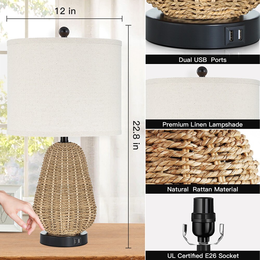 UrFurnishings rattan table lamp 23.5-in Brown LED Touch Table Lamp with ...