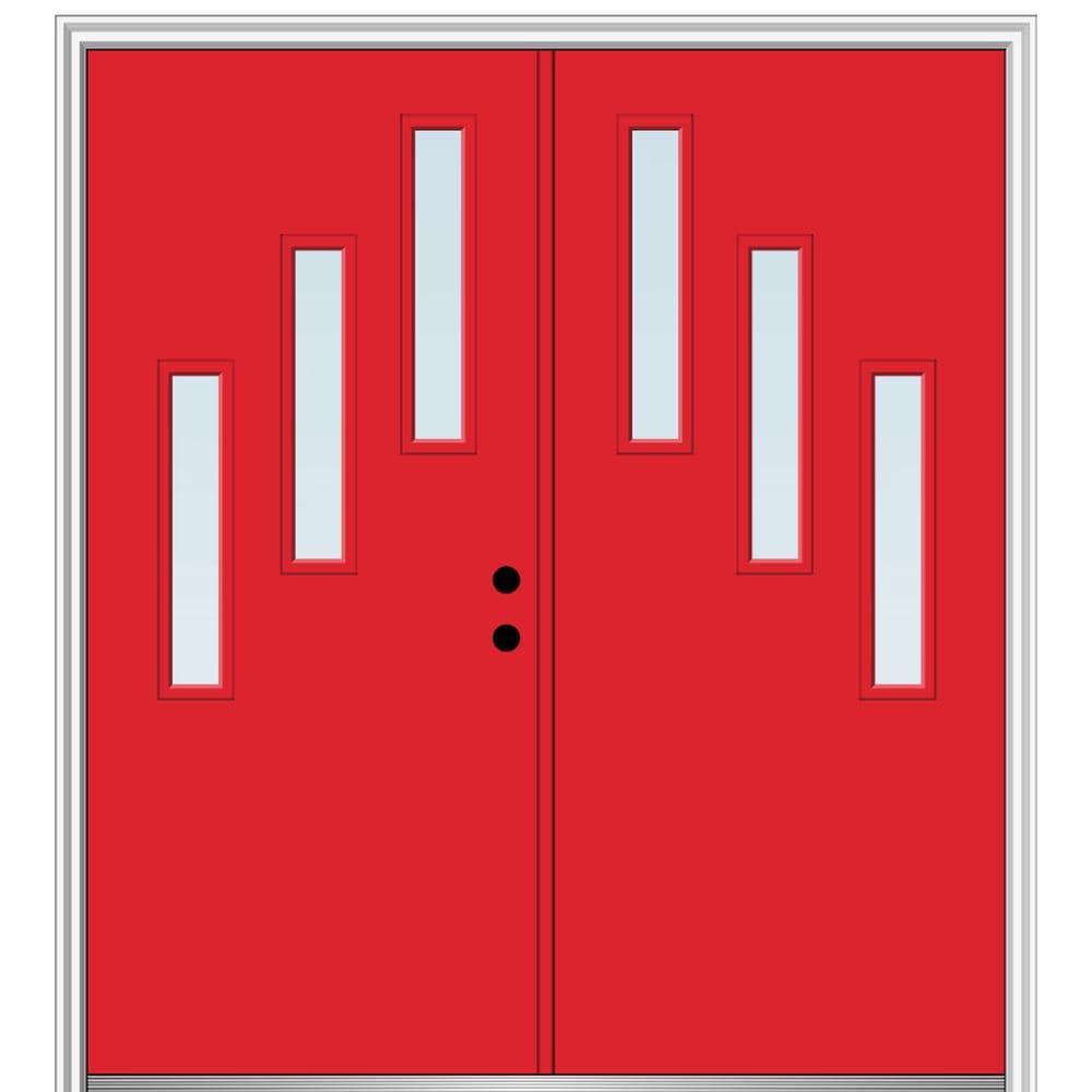 MMI DOOR ZZ349464L Spotlights 64-in x 80-in x 6-9/16-in Fiberglass Pulse lite Left-hand inswing Red Saffron Painted Prehung Double Front Door with Brickmould Insulating core