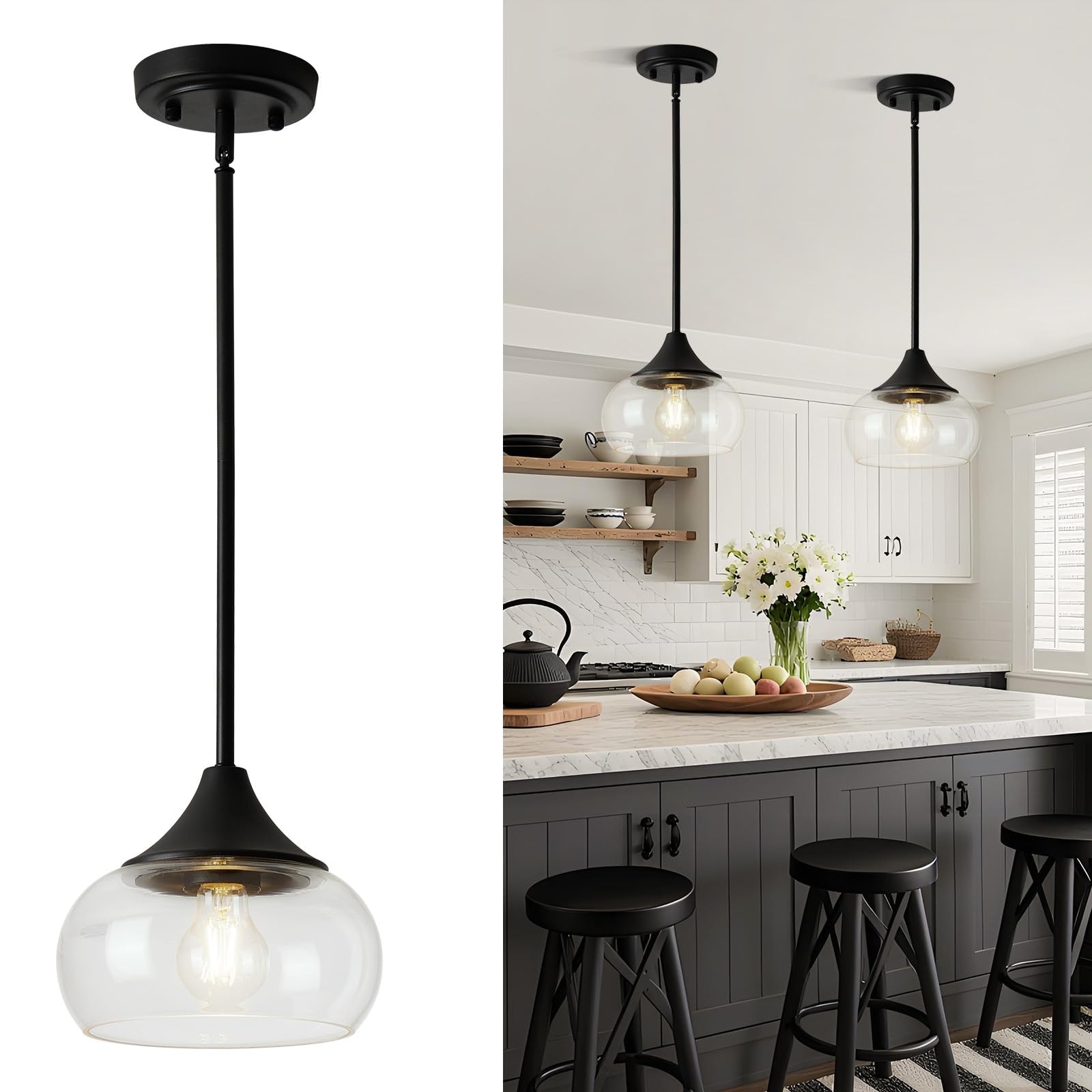 Vrbgify  Black Pendant Light 8.5 Inch Clear Glass Shade Adjustable Height E26 Socket Industrial Hanging Fixture for Kitchen Island Dining Room 1 Pack
