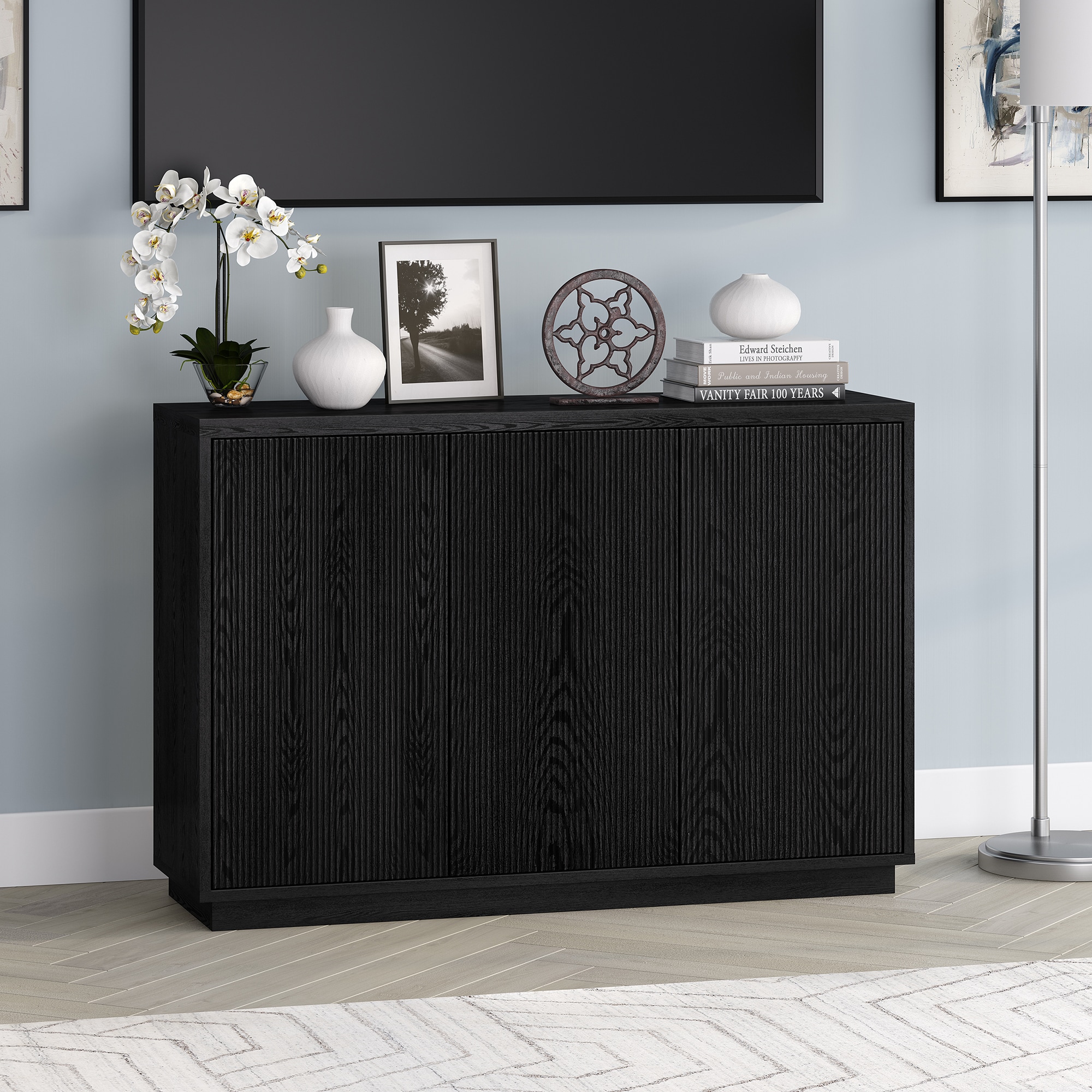 Black Grain MDF Modern Buffet Sideboard with Adjustable Shelves