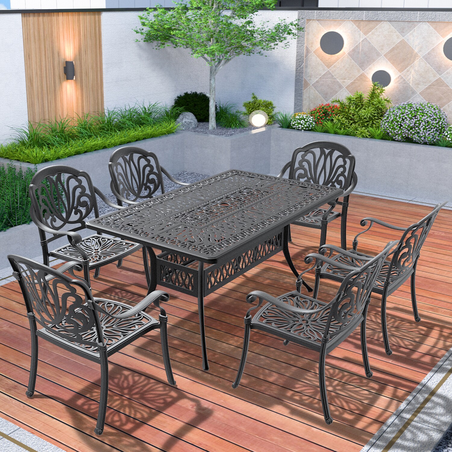 GZMR 7 Piece Set Of Cast Aluminum Patio Furniture 7 Patio Dining Set Aluminum Rectangle Table with 6 Cushions Stationary Chairs GZ W1710006 at Lowes