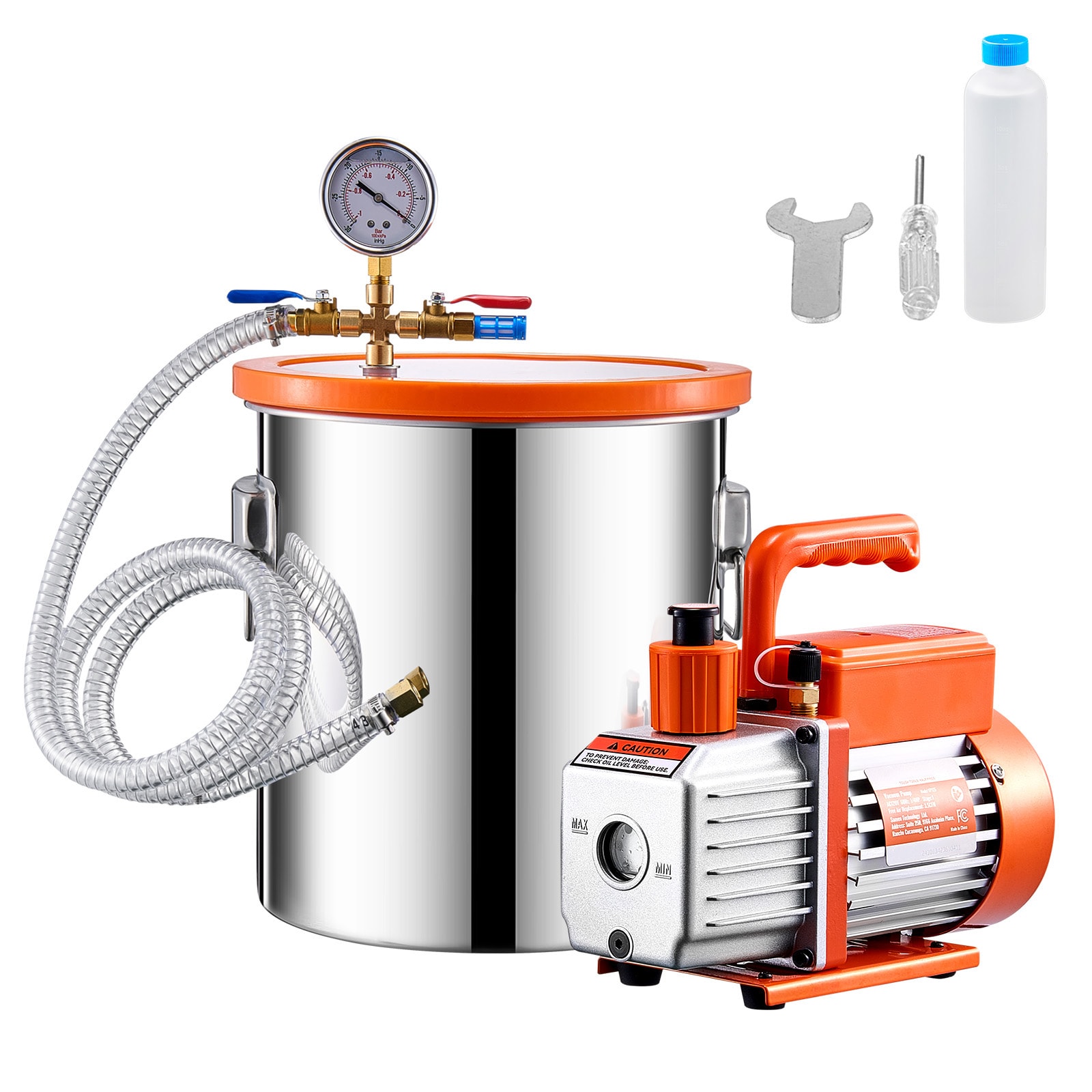 VEVOR 5 Gallon Vacuum Chamber and 3.5 CFM Pump Kit Stainless Steel Chamber Single Stage Vacuum Pump Degassing Chamber Kit with Acrylic Lid Oil 4.92 ft Hose for Degassing Resin Silicone Epoxies