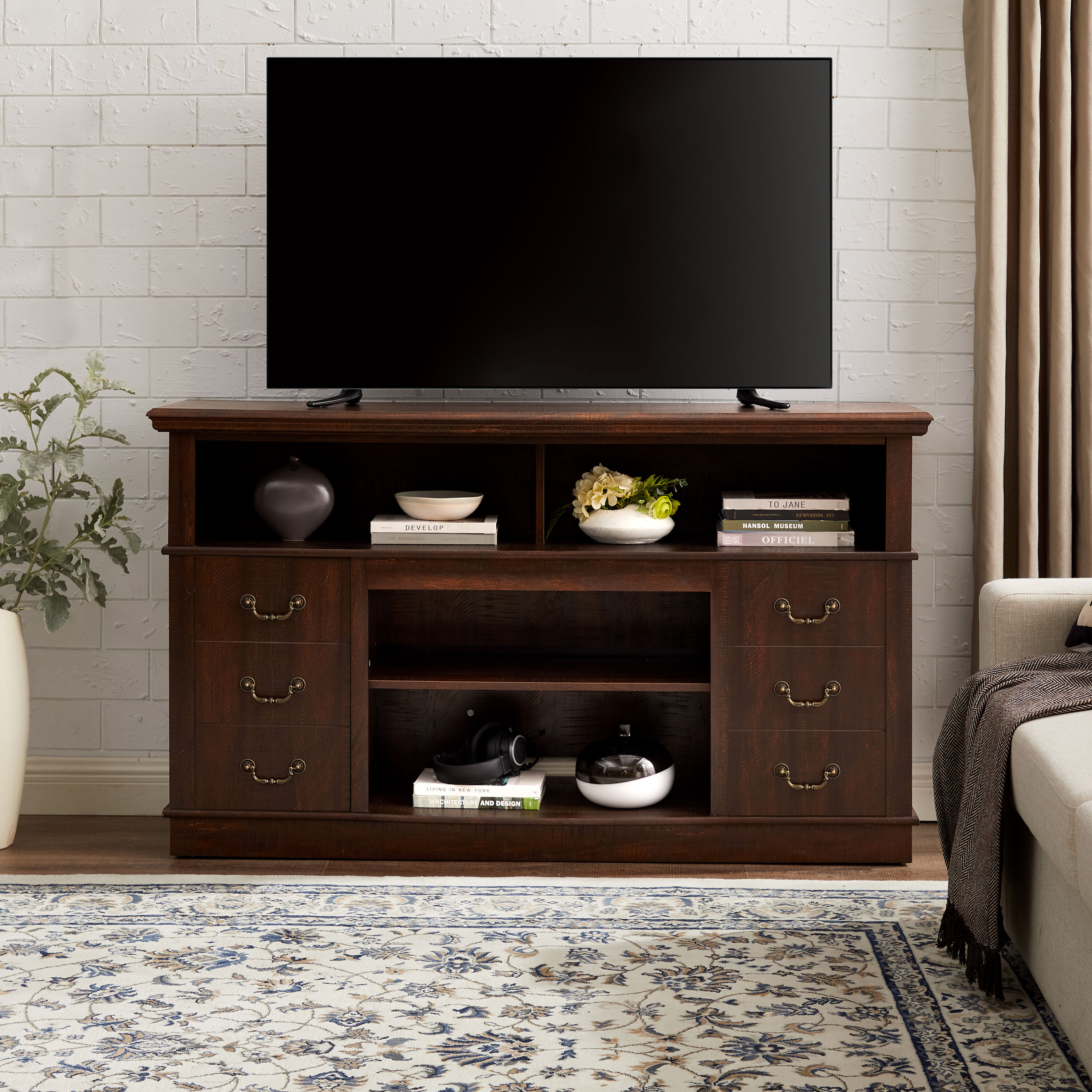 LOVMOR SF-H-W1758109217 Traditional TV Media Stand Farmhouse Rustic Entertainment Console for TV Up to 65in with Open and Closed Storage Space Espresso