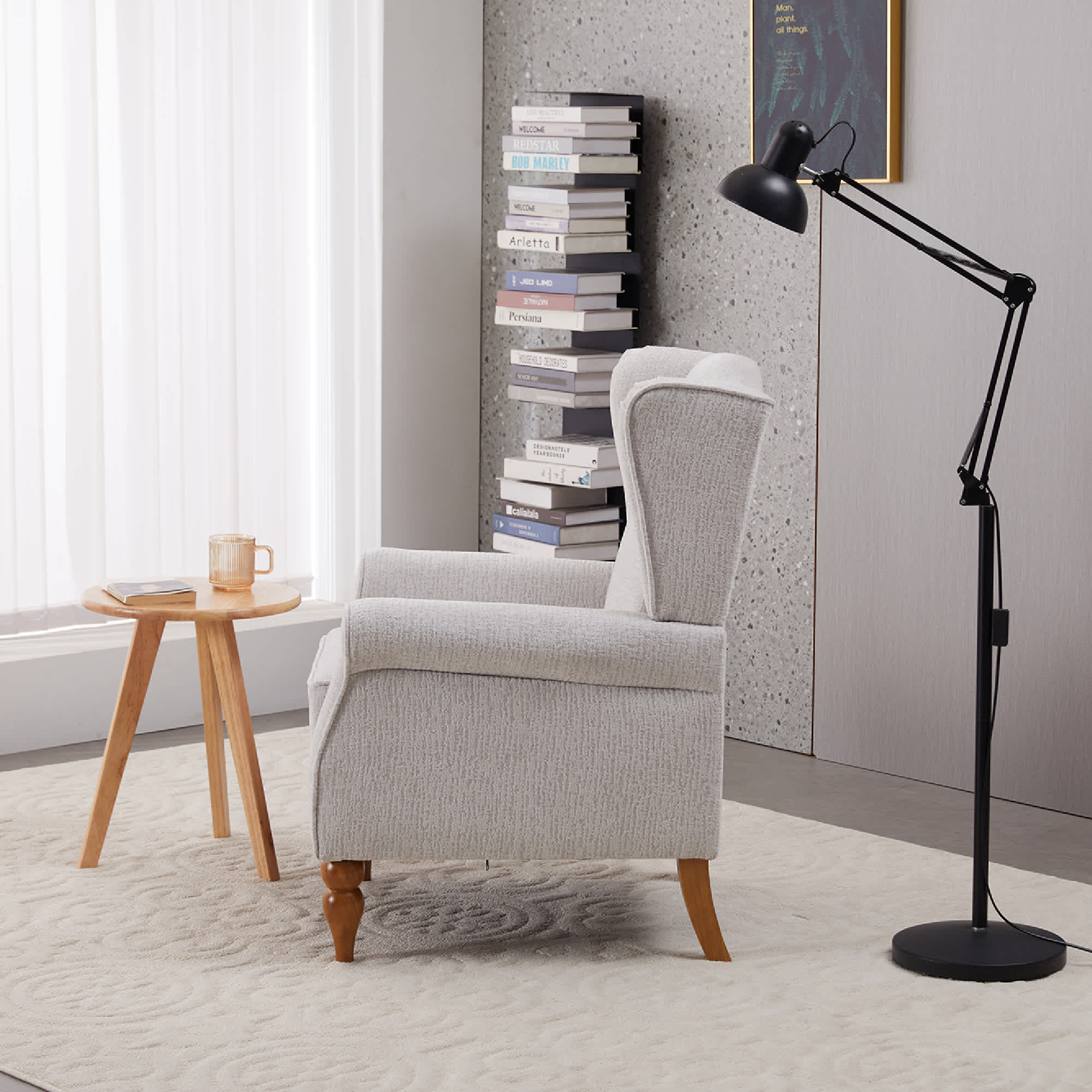 Vynxaria Beige Polyester Wing Back High Back Reading Chair Natural Wood ...