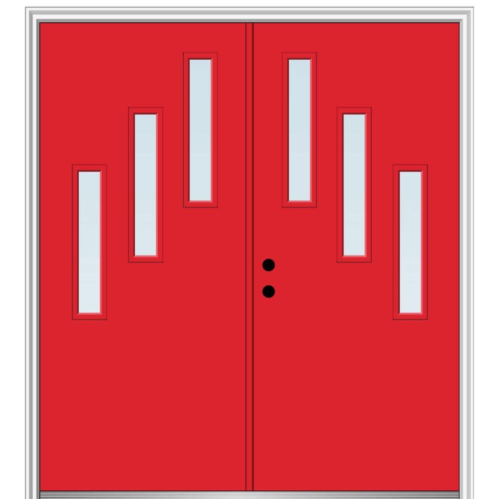 MMI DOOR ZZ349465R Spotlights 72-in x 80-in x 6-9/16-in Fiberglass Pulse lite Right-hand inswing Red Saffron Painted Prehung Double Front Door with Brickmould Insulating core
