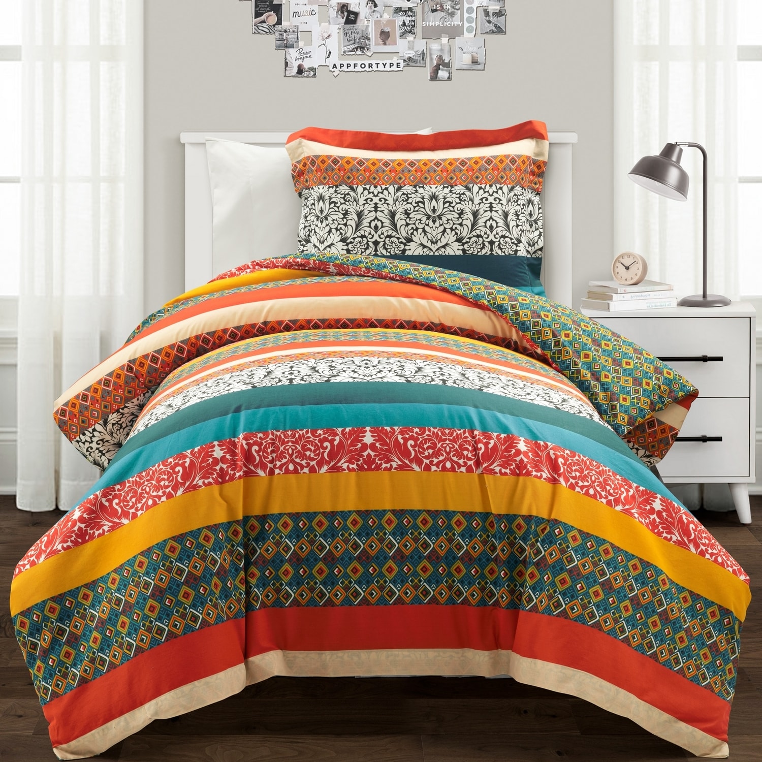 Turquoise and Tangerine Boho Stripe Reversible Cotton Duvet Cover Set
