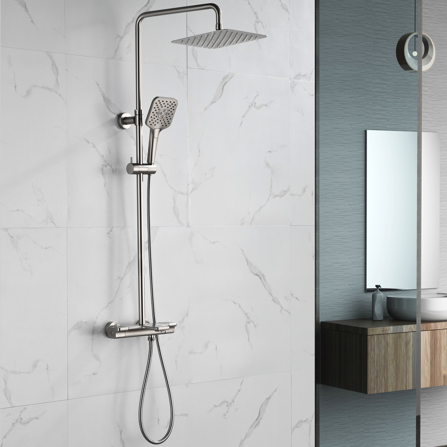 Pouuin Ob Brushed Nickel Waterfall Shower Faucet Bar System with 4-way Diverter Valve Included