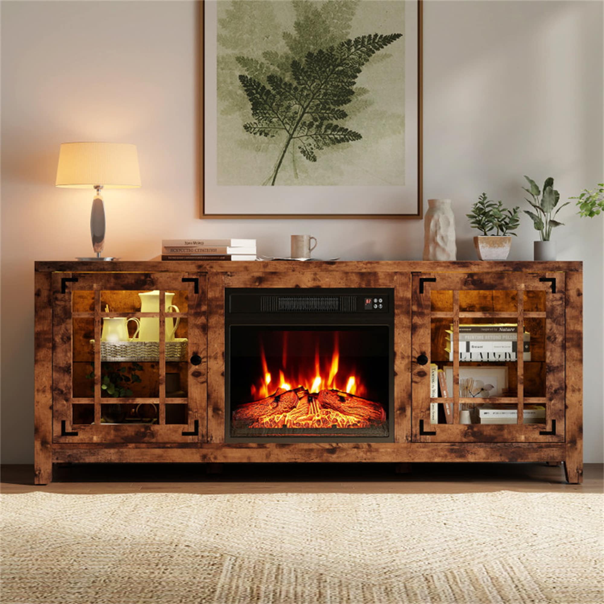 BABOOM 58-in W Rustic Brown TV Stand with Fan-forced Flat Wall Electric Fireplace with Remote Control Included