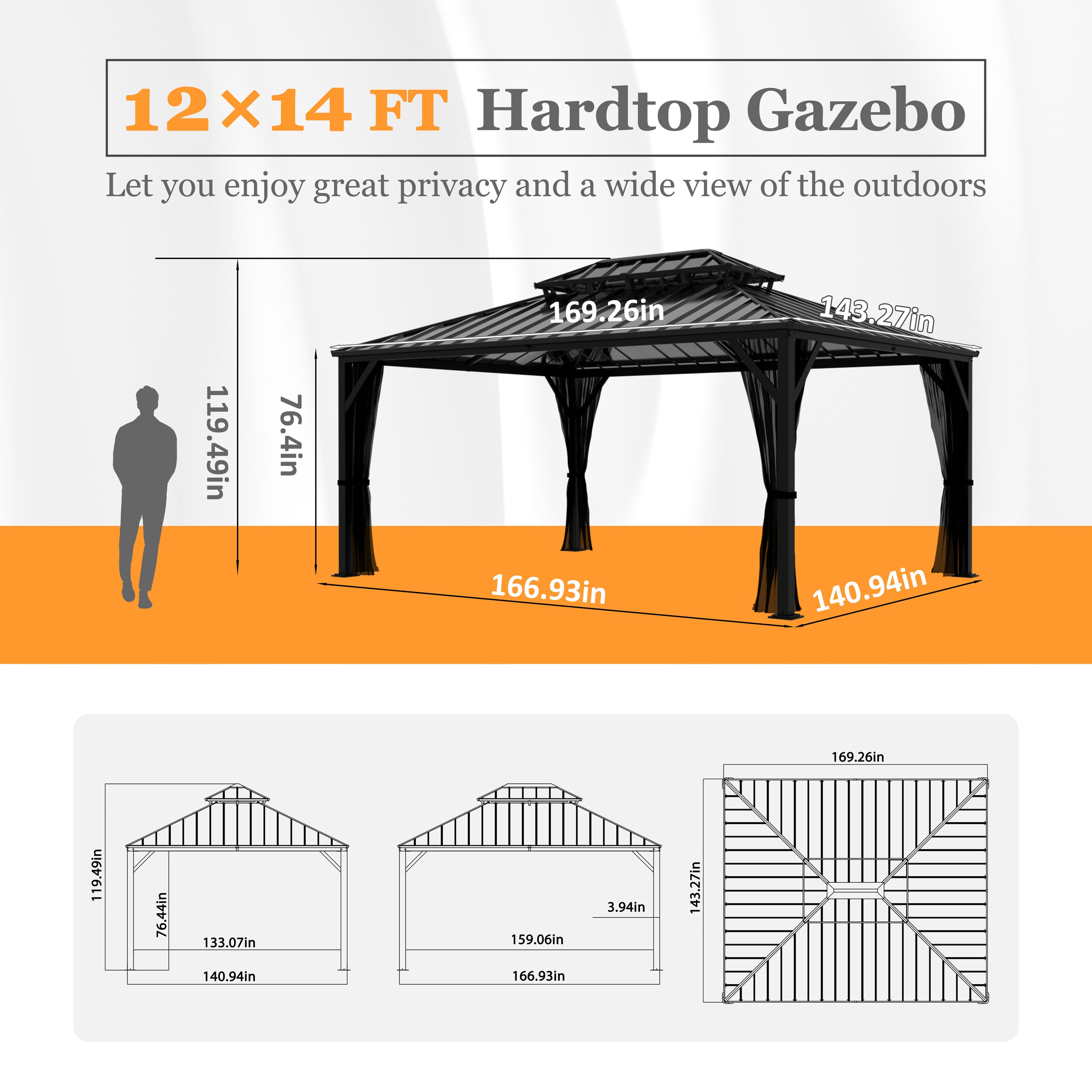 VEIKOUS 14-ft x 12-ft Hard top Black Gazebo with Hardtop Roof (Screen Included) Sansujyuku sansujyuku.com