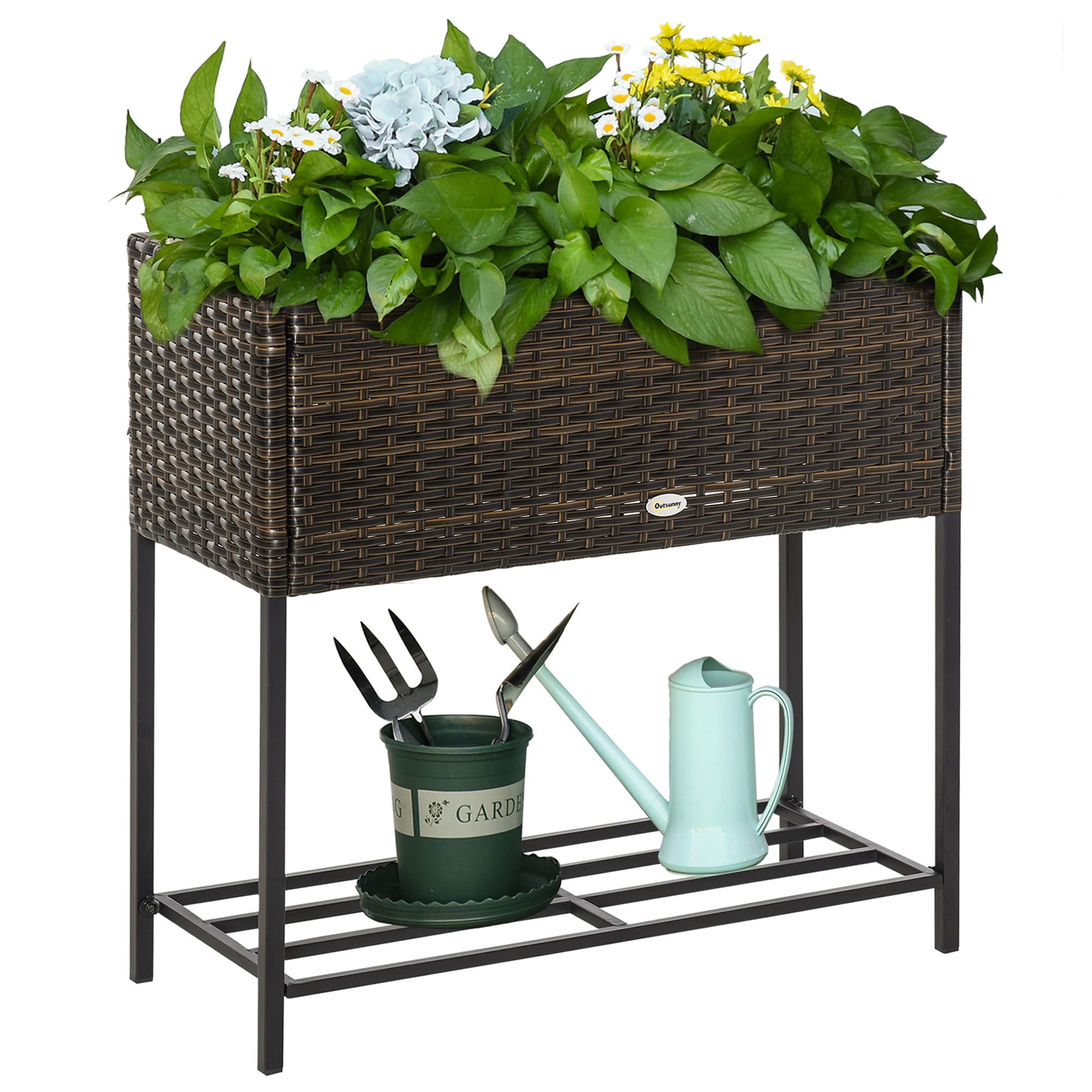 Outsunny 867-039 Raised Garden Bed Elevated Planter Box with Rattan Wicker Look Tool Storage Shelf Portable Design for Herbs Vegetables Flowers Brown
