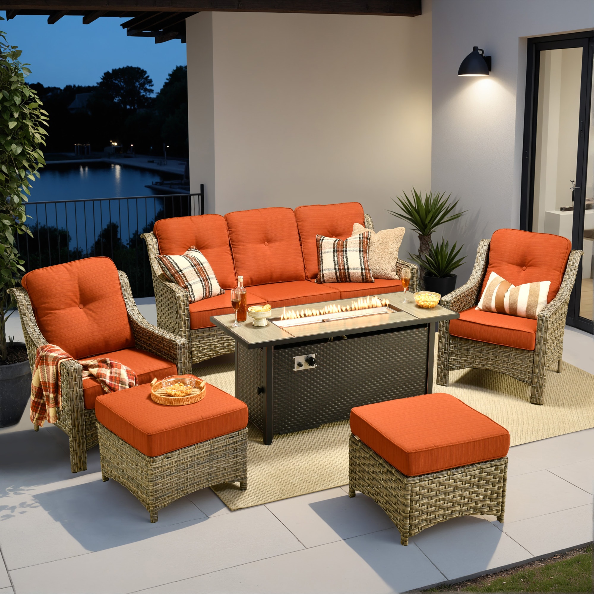 weaxty HMBCFP8503-PAD806 Aireno 6 -Piece Wicker Patio Sofa Conversation Set with Red Cushions