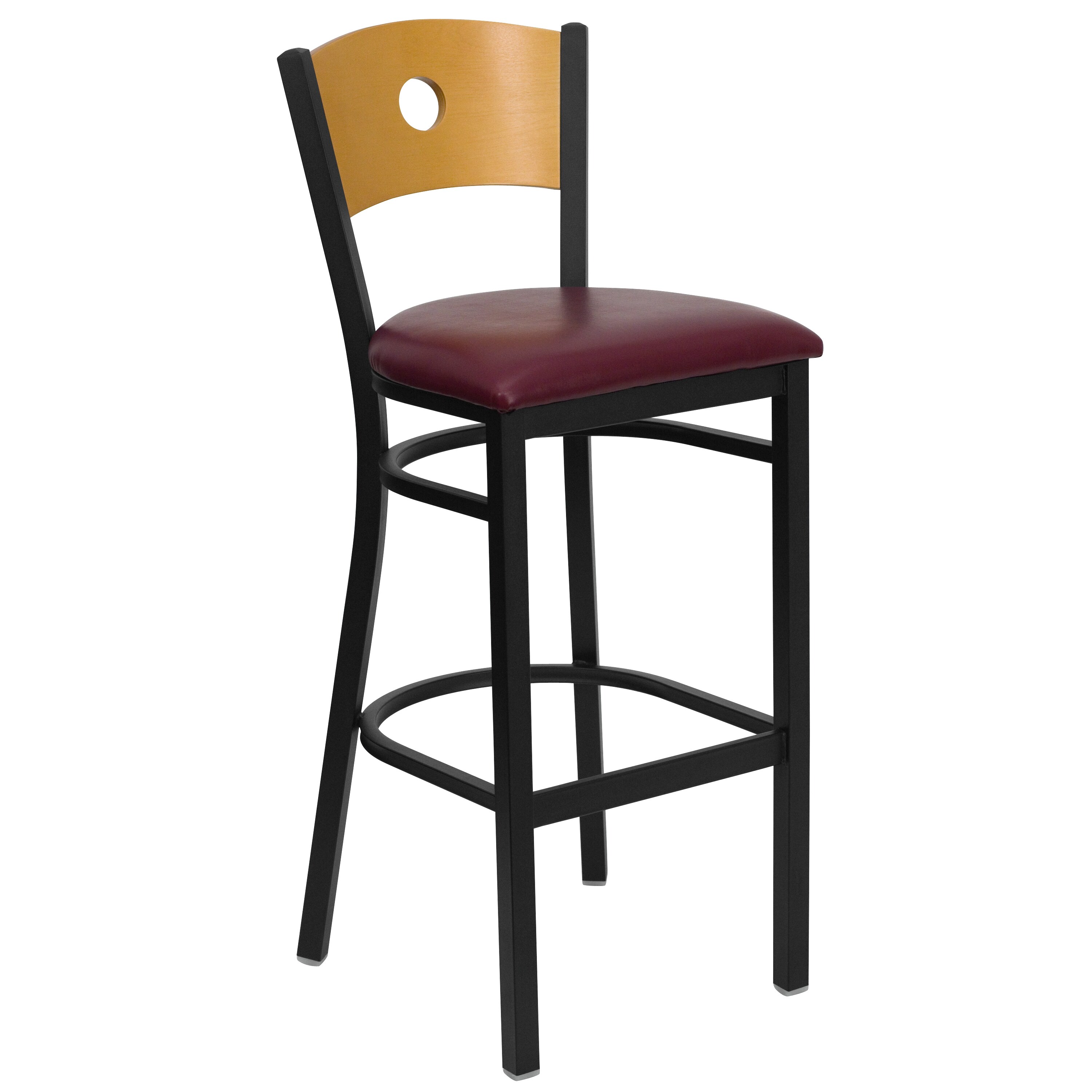 Flash Furniture 812581017250 Natural Wood Back/Burgundy Vinyl Seat/Black Metal Frame 32.0-Inches H Bar height Square seat Upholstered Metal Bar Stool and Back