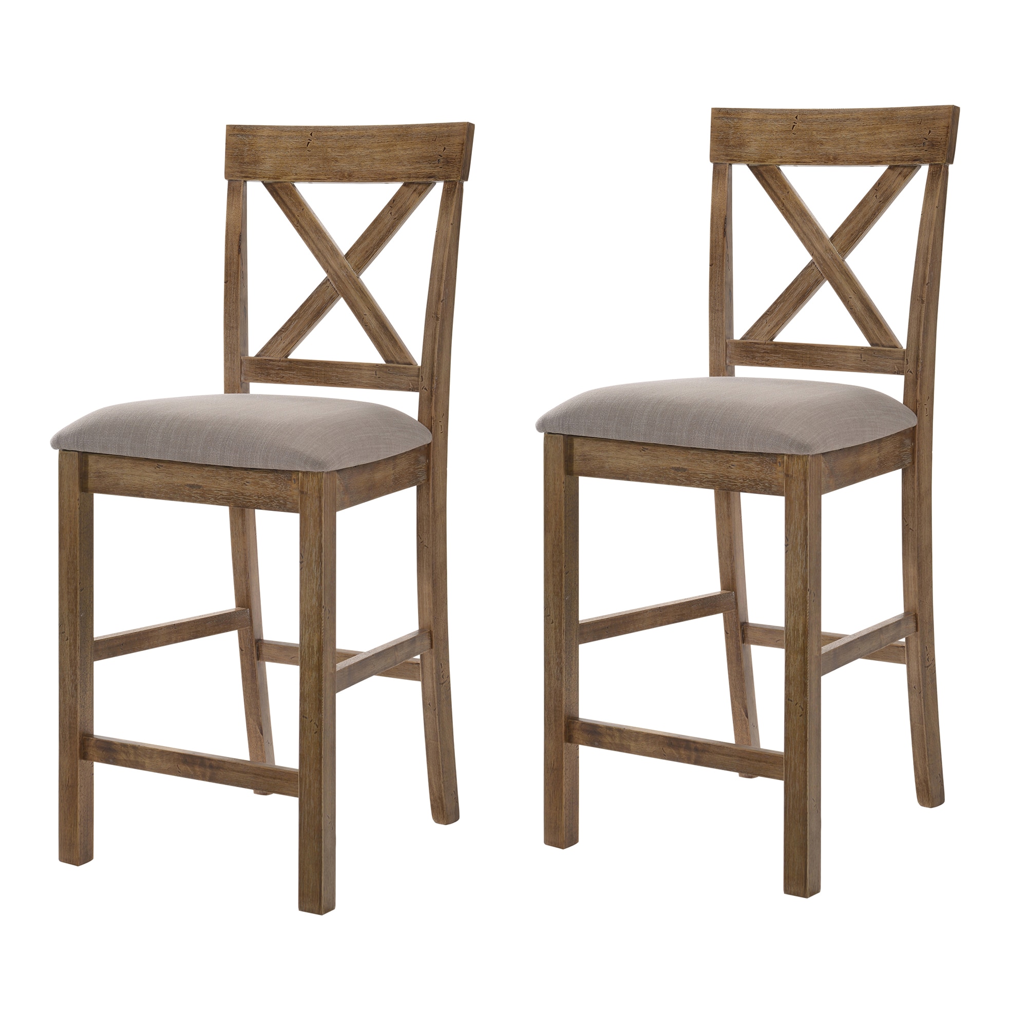 Sumyeg CA-YSGR61 Tan and Weathered Oak Counter Height Stools with Cross Back 2 -Set Beige+Brown 26.0-Inches H Counter height Square seat Upholstered Wood Bar Stool and Back