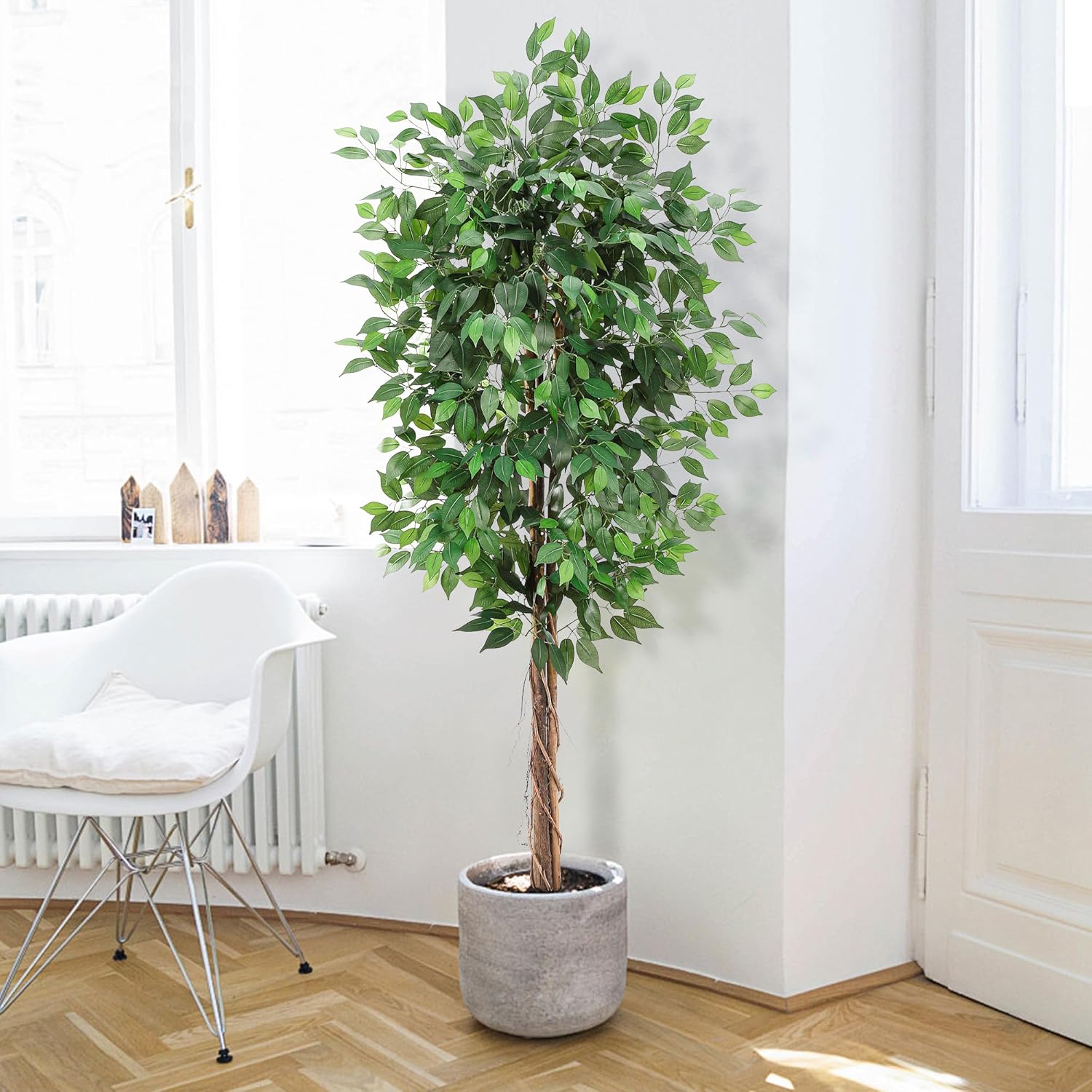 WhizMax LHFLS-PHO-10BP2AIF Faux Ficus Tree 6 feet with Lifelike 1008 Leaves and Natural Wooden Trunks Ficus Tree Artificial Tall Artificial Ficus Tree with Pot Indoor Decor