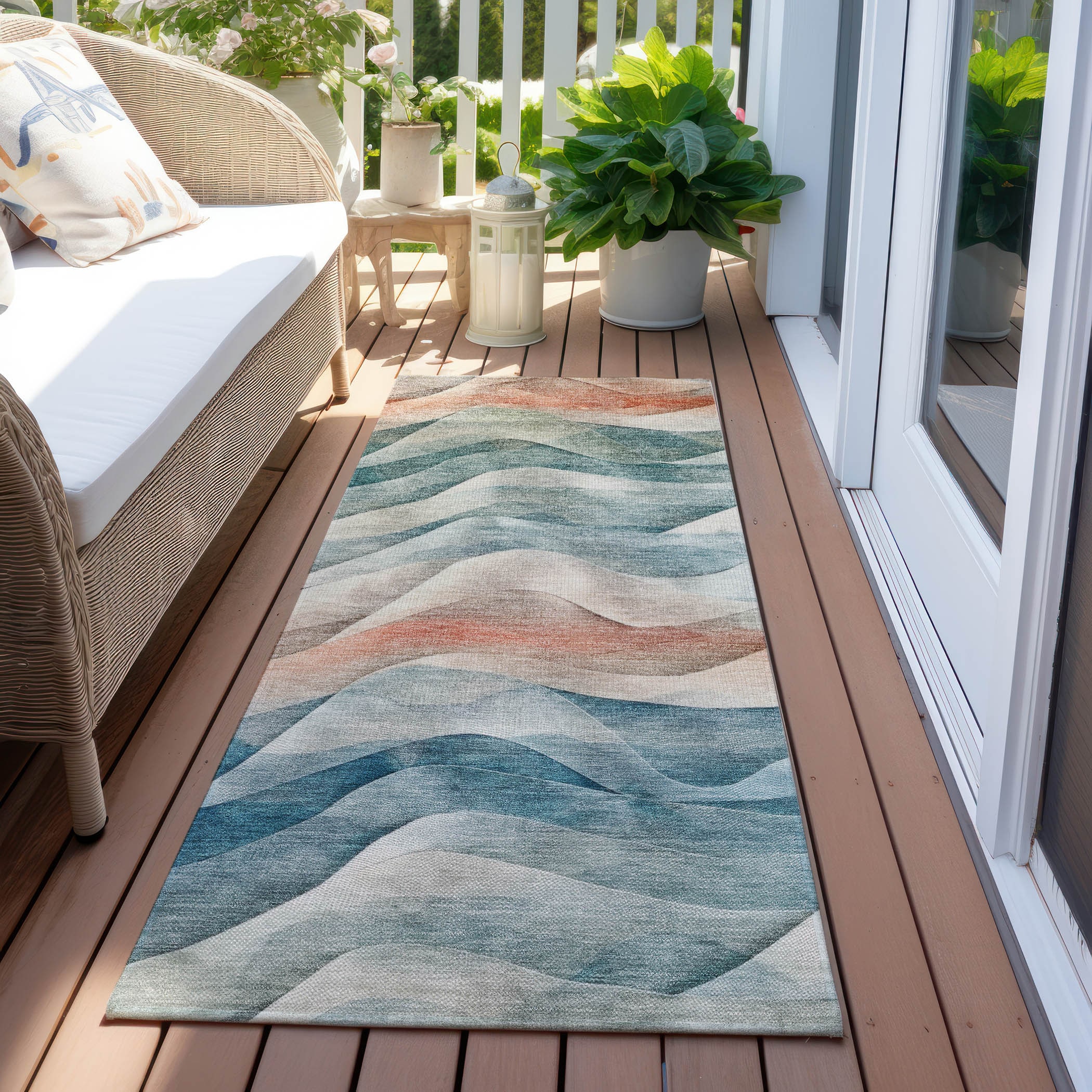 Teal and Beige Synthetic Wave Pattern Washable Runner Rug