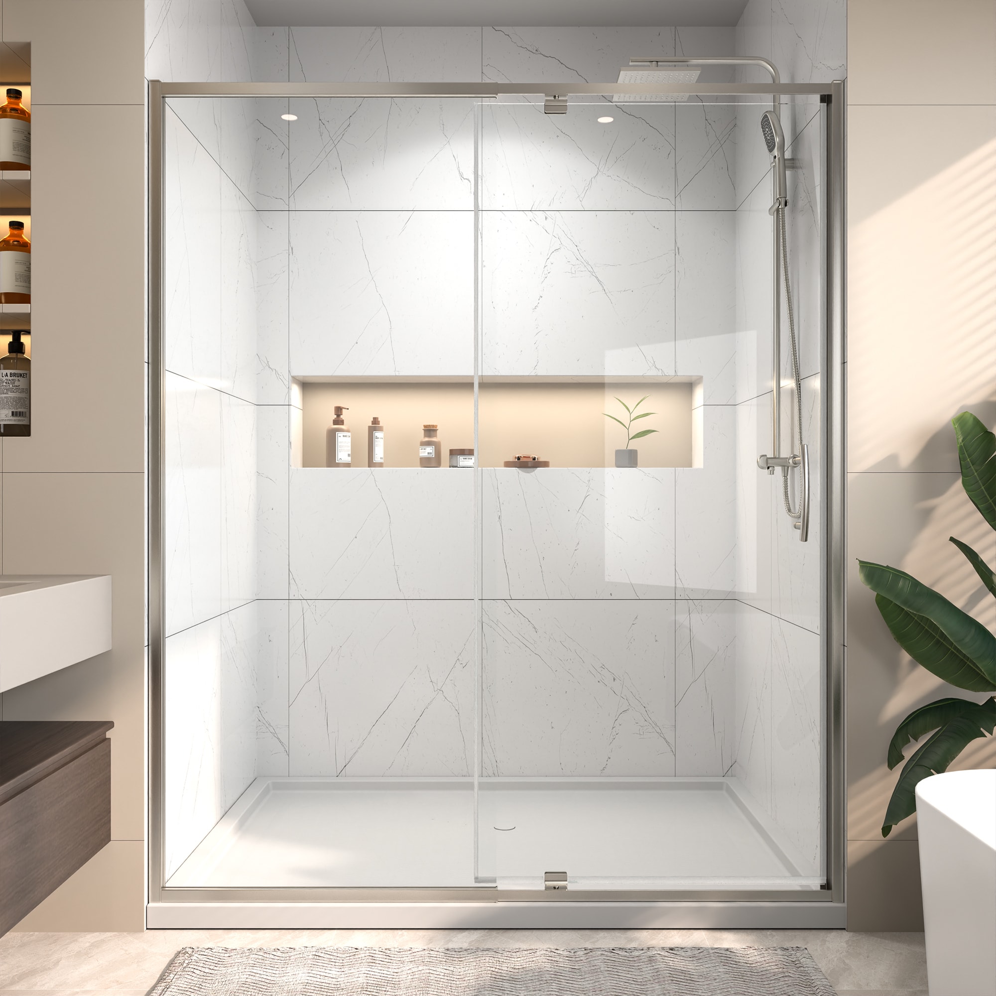 Forclover CBR-192008 Adjustable Sliding Shower Door Brushed Nickel 56-in to 60-in W x 71-in H Frameless Sliding Shower Door 1/4-in Thick Clear Glass
