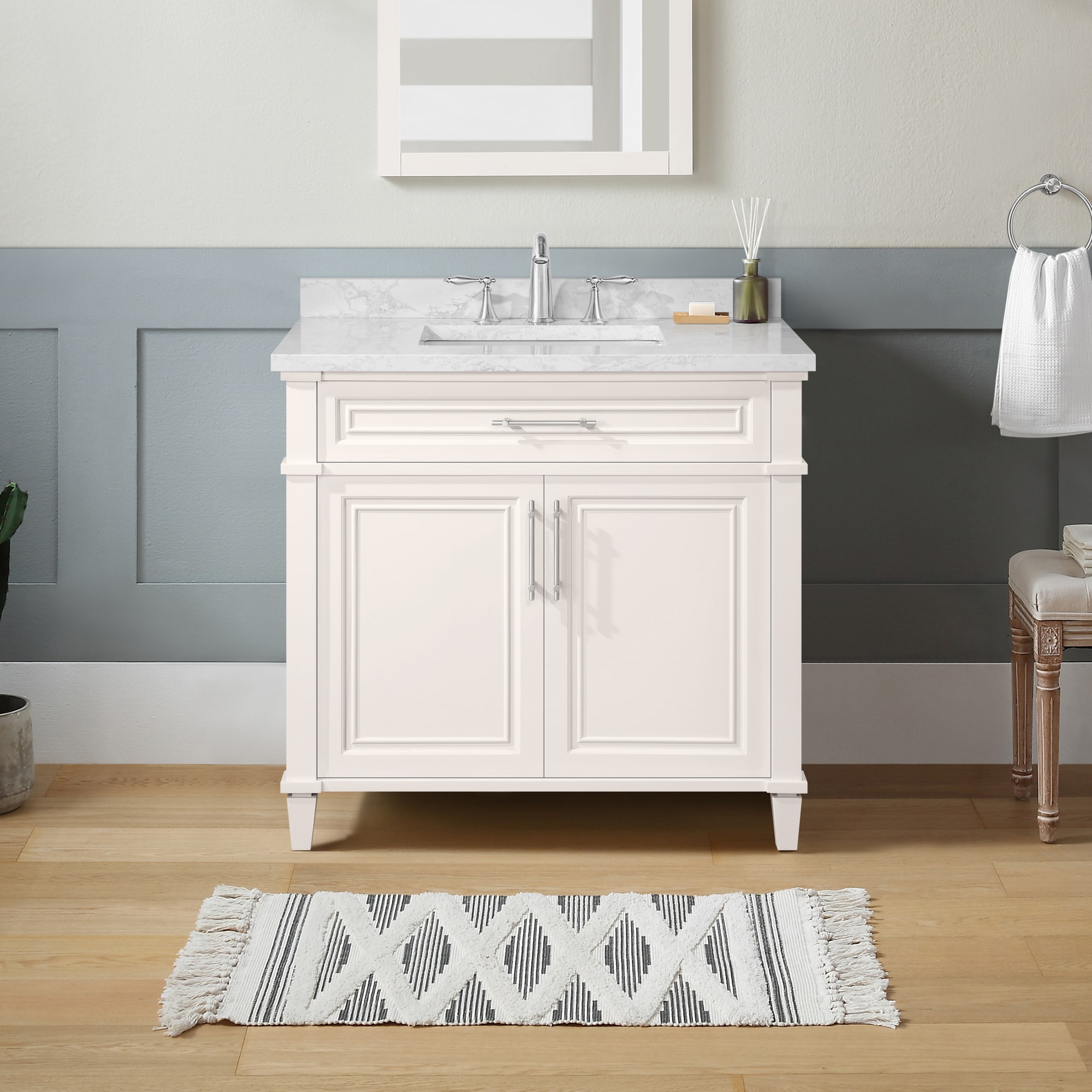 Highbrook 36-in Picket Fence Undermount Single Sink Bathroom Vanity with White Engineered Marble Top | - OVE Decors 15VVA-HIGH36-070