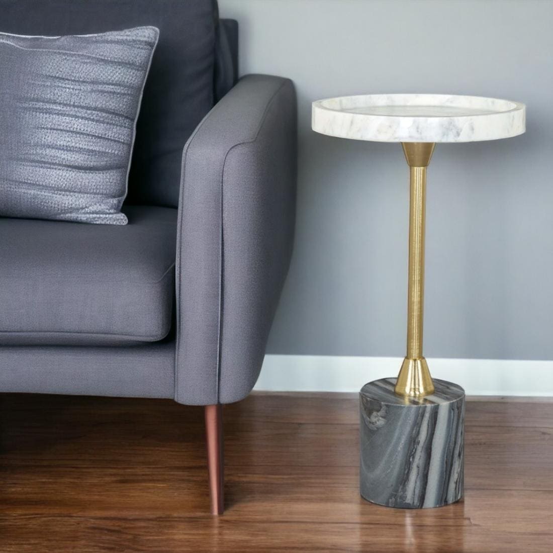 HomeRoots 10-in W x 22-in H Black, Gold Granite/Marble Round Modern End Table