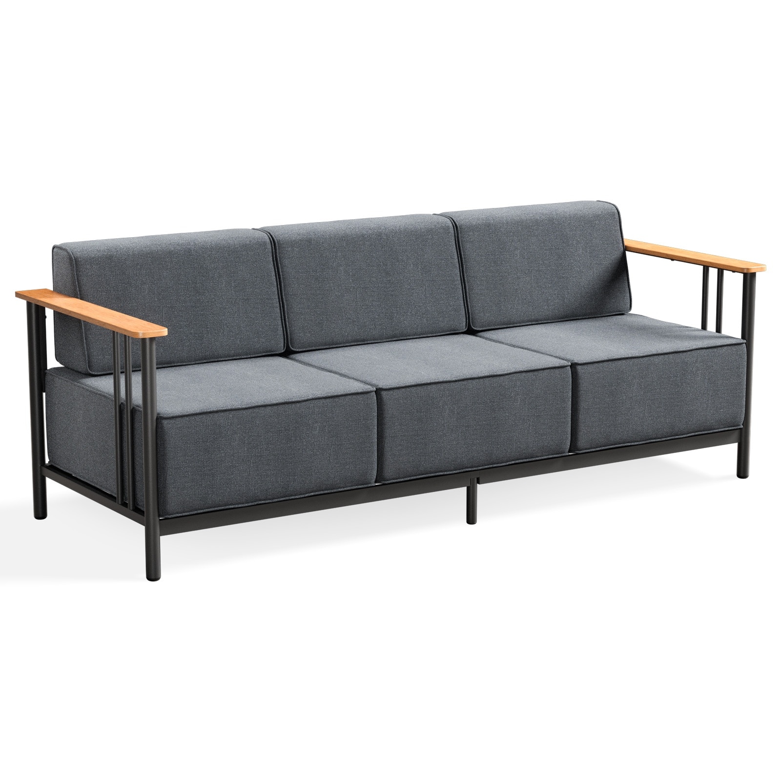 Pocassy PJACBL13-3 Wicker Outdoor Sofa with Gray Cushions and Steel Frame