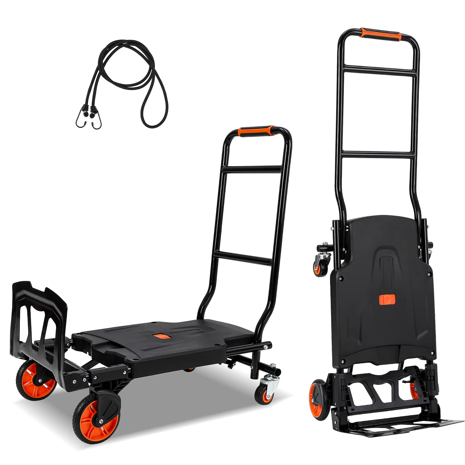 Qeetex 2 in 1 Folding Hand Truck Heavy Duty Collapsible Cart 330 LB Capacity Foldable Hand Cart with Wheels and 2 Elastic Ropes Platform Dolly Cart for Moving Luggage Shopping Warehouse #JXNAG-PHO-14SWK4WY