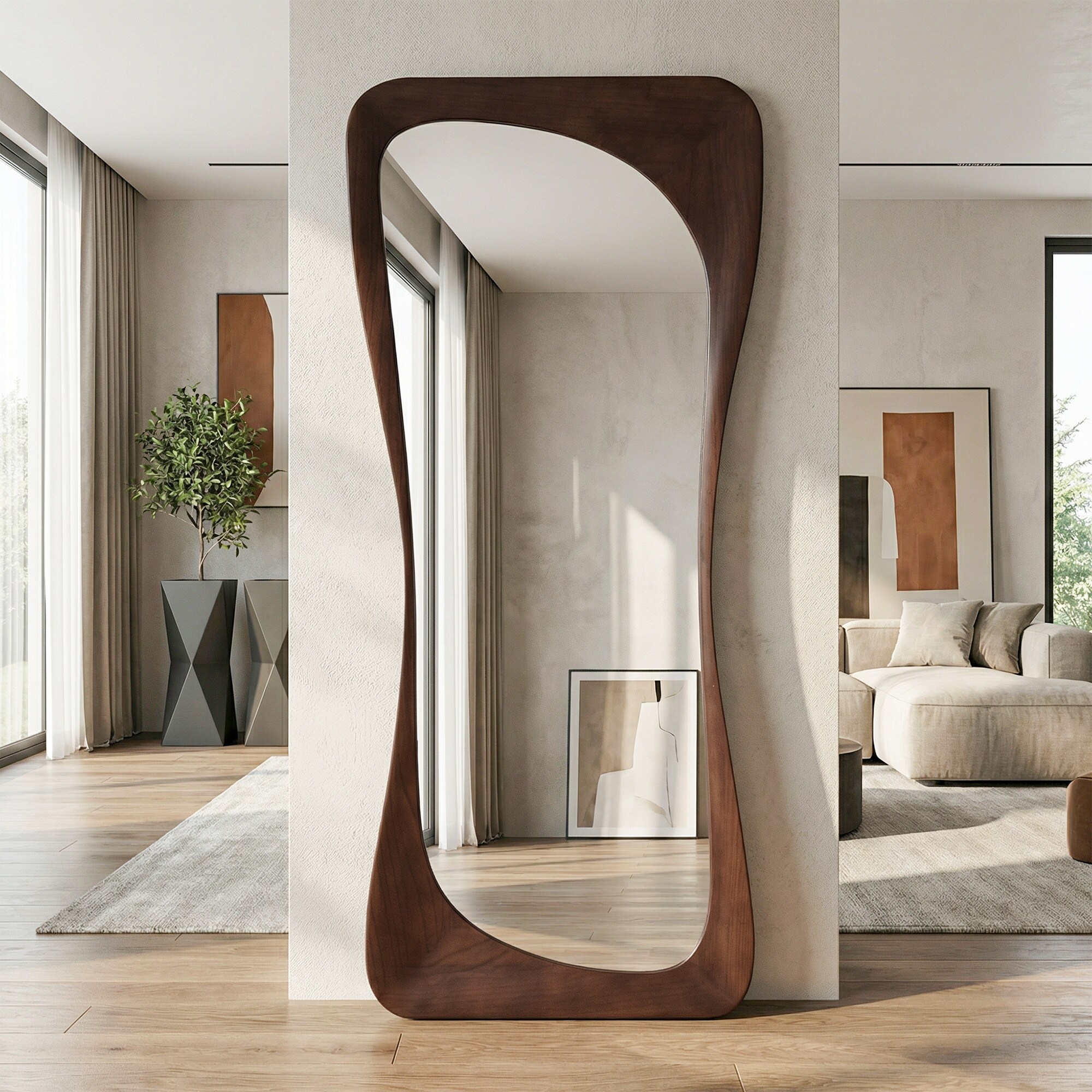 PexFix 71-in H x 32-in W Walnut Curved Edge Full-Length Mirror ...