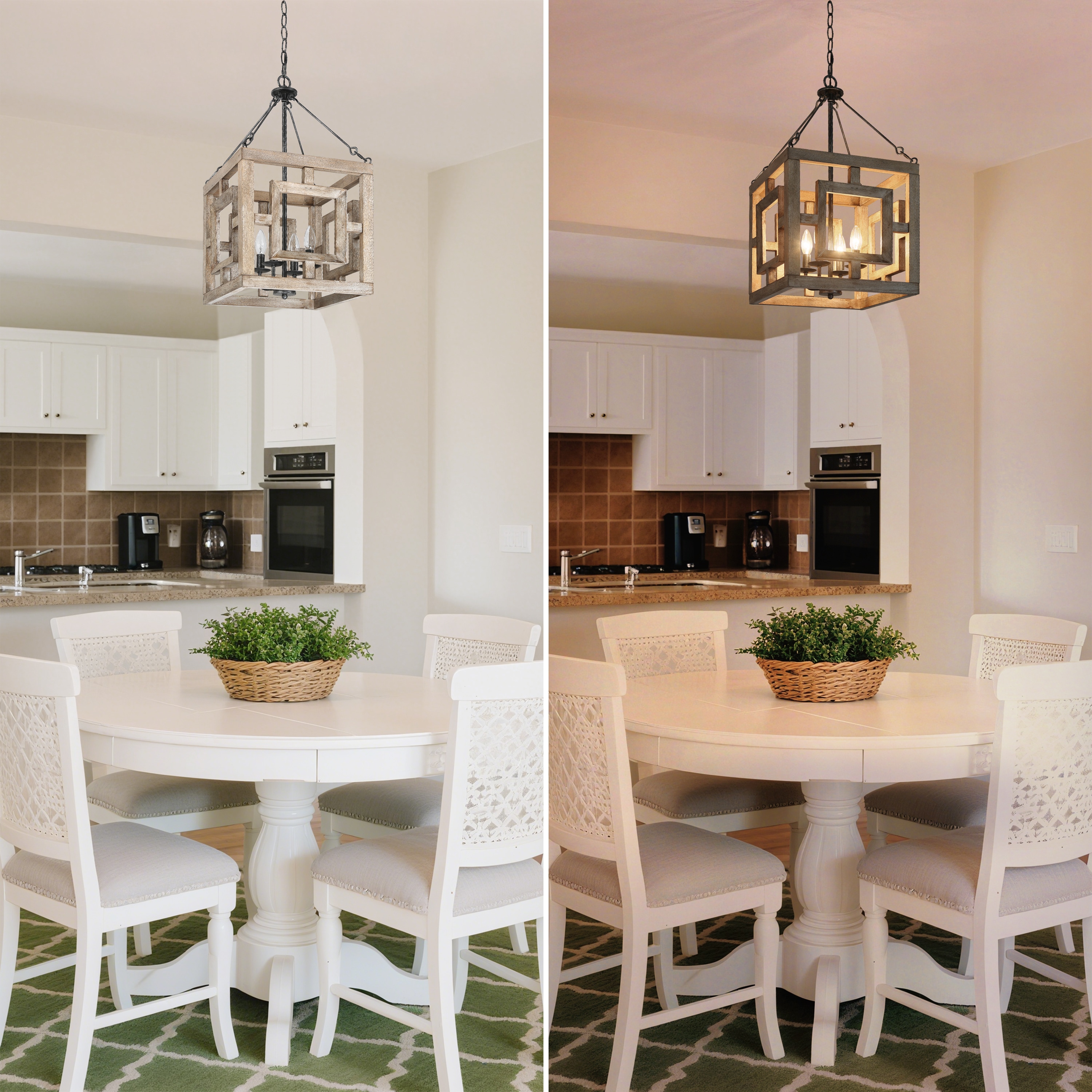 LNC Quaint 4 -Light Grayish White Wood and Brushed black Farmhouse Square Medium Hanging Kitchen island light