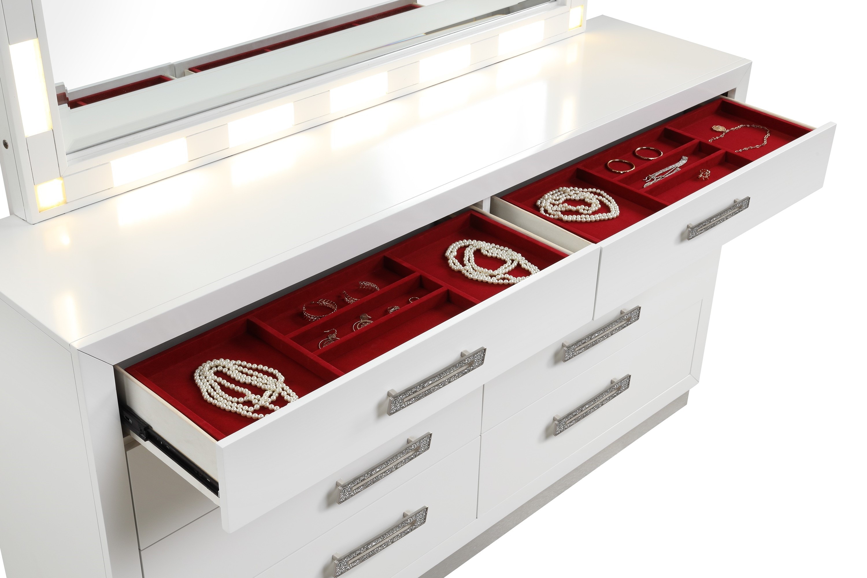 Milky White 8-Drawer Dresser with Mirror and Crystal Handles
