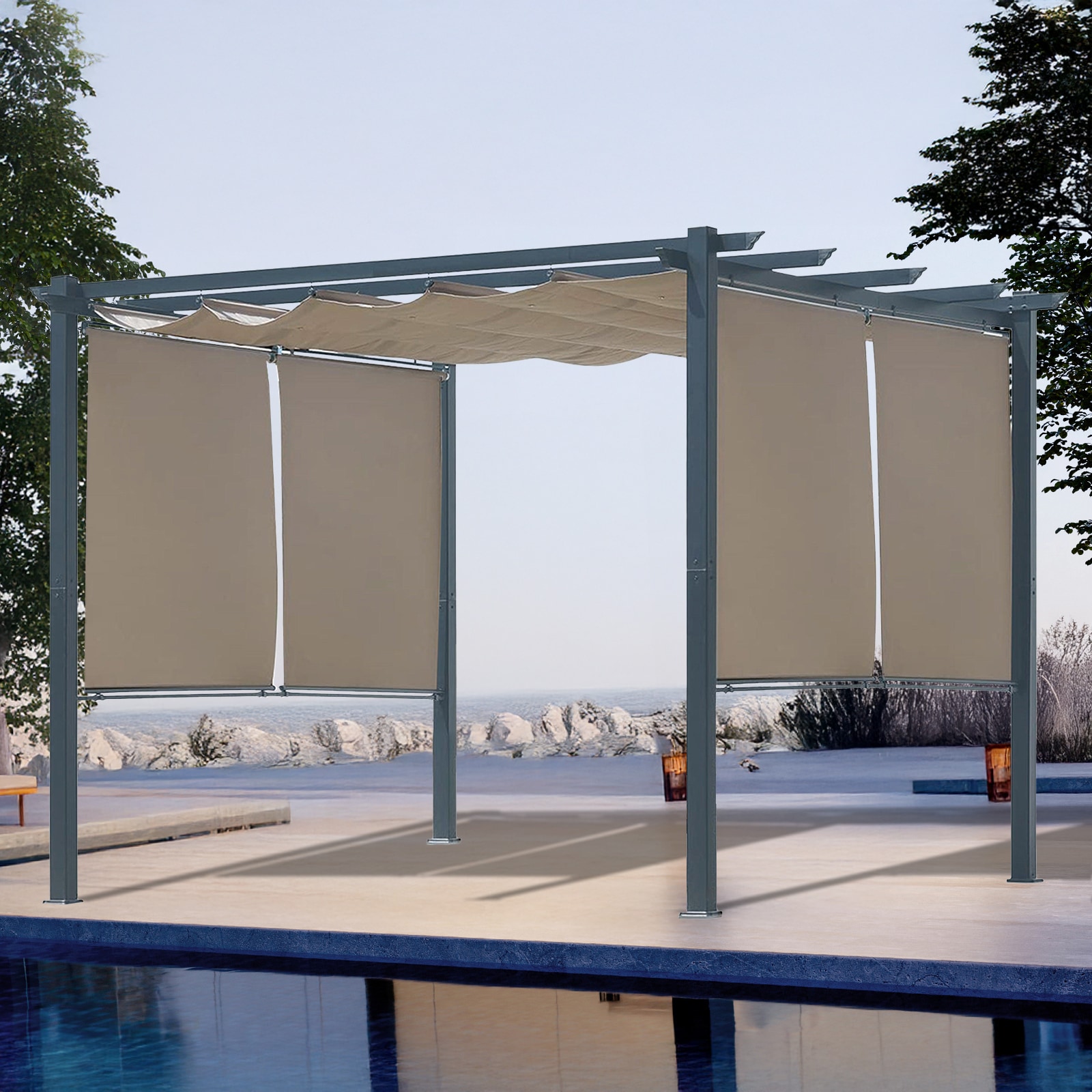Aoodor A056-PKICG Patio Pergola 10-ft W x 10-ft L x 7-ft 3-in H Brown Metal Freestanding Pergola with Canopy