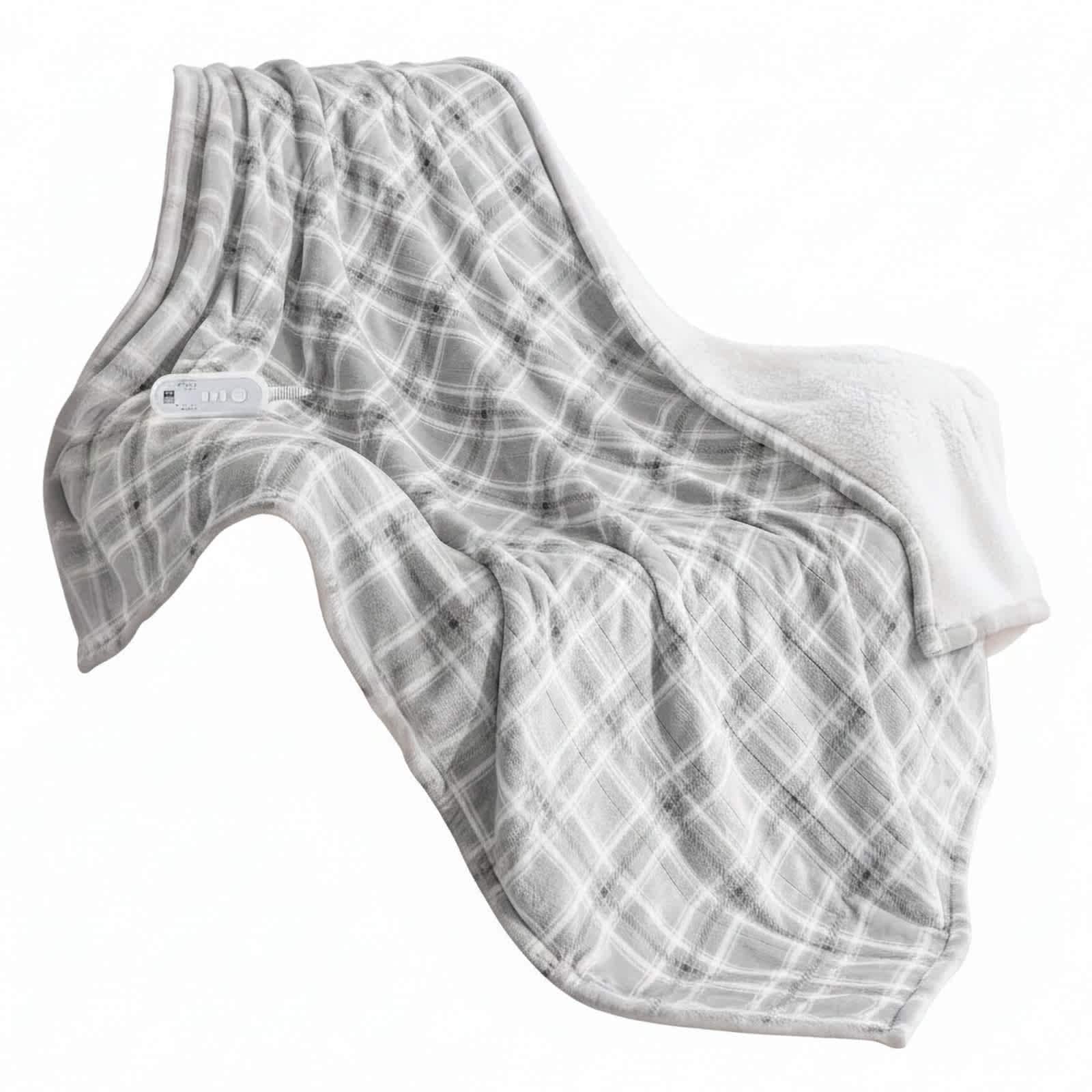 Etokfoks Electric Heated Throw Blanket 50 x 60 Inch Grey Plaid 8 Heat Levels 8 Hour Timer Soft Flannel Sherpa Machine Washable 1 Piece #LET1204E37