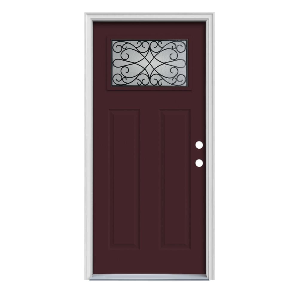 JELD-WEN LOWOLJW167701082 Wyngate 32-in x 80-in x 4-9/16-in Steel Craftsman Left-hand inswing Currant Painted Prehung Single door Front Door with Brickmould Insulating core Decorative glass