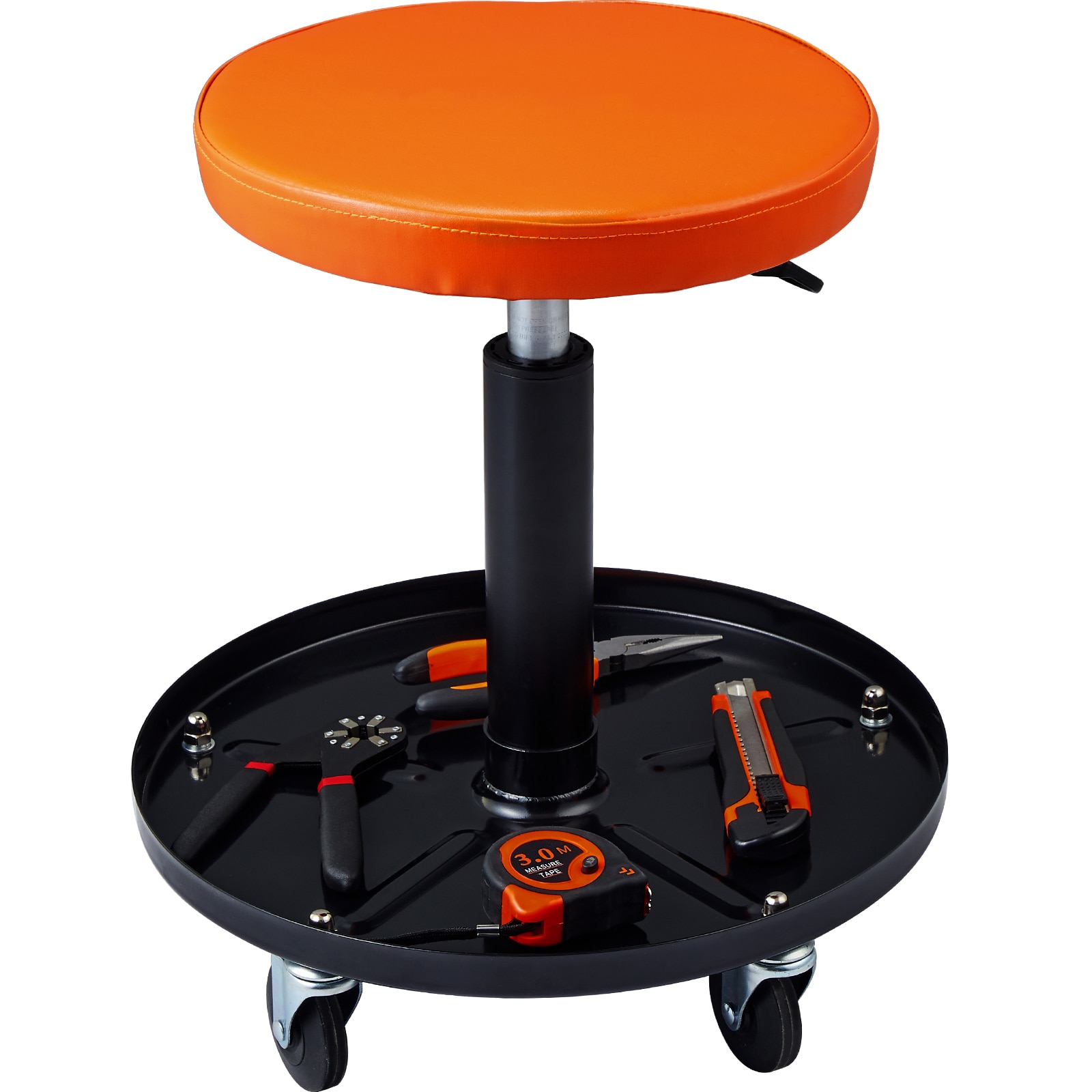 VEVOR SCXCDKDGDYXY01574V0 Mechanic Stool  250 LBS Rolling Pneumatic Creeper Garage/Shop Seat  Adjustable Height 22 in-28 in Padded Rolling Workshop Stool with Tool Tray  for Garage  Shop  Auto Repair  Black+Orange