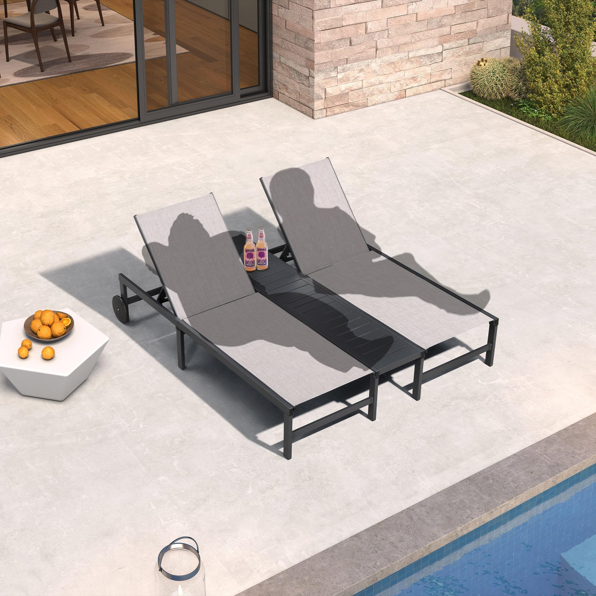 PURPLE LEAF LS06CLSSJ-SR-MG Chaise lounge Set of 2 Woven 2 chairs+center table Aluminum Frame Stationary Chaise Lounge Chair with Silver Woven Seat