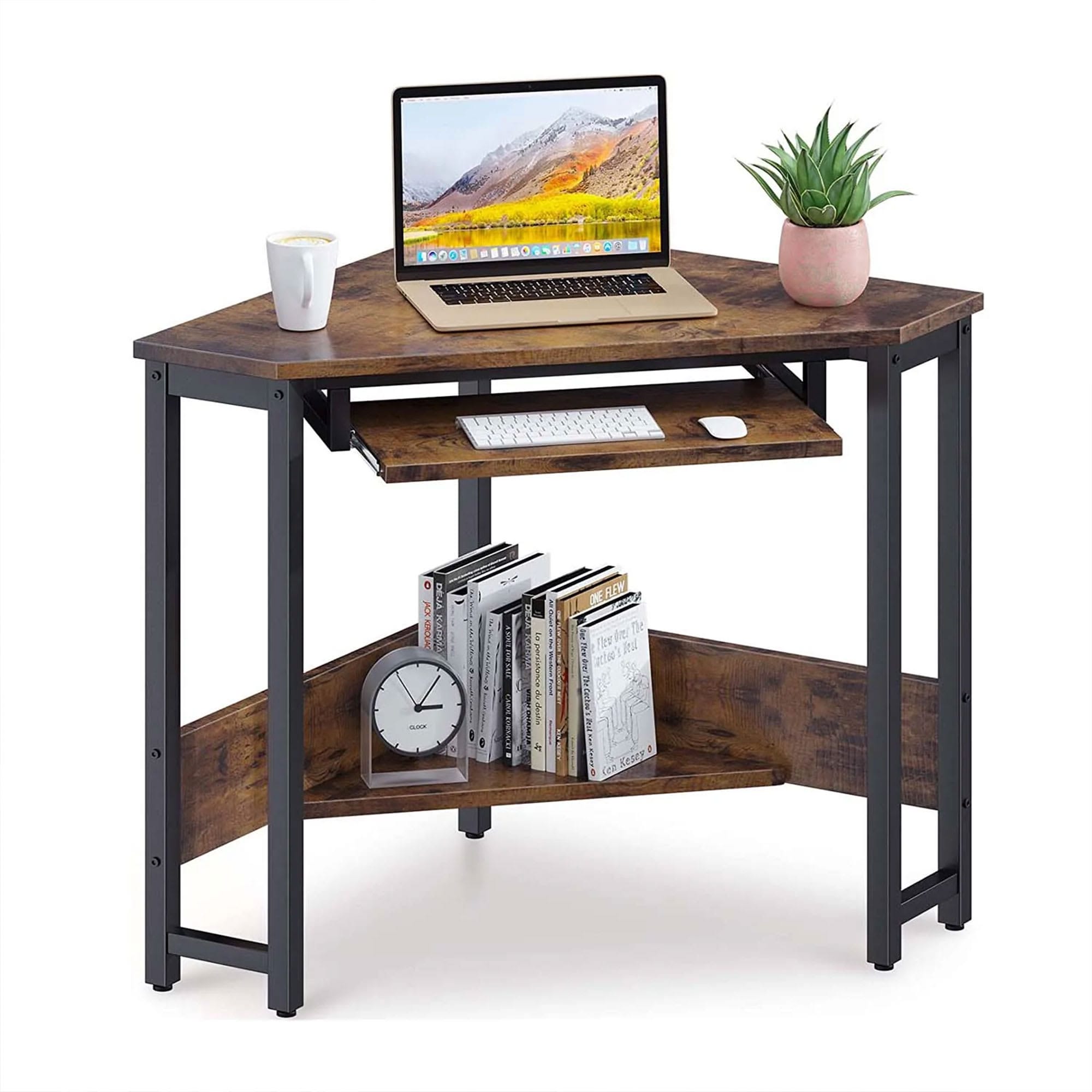ODK 304691 Corner Triangle 220 Pound Vintage Wooden Steel Frame Computer Desk Workstation with Open Storage Space and Keyboard Tray Rustic Brown