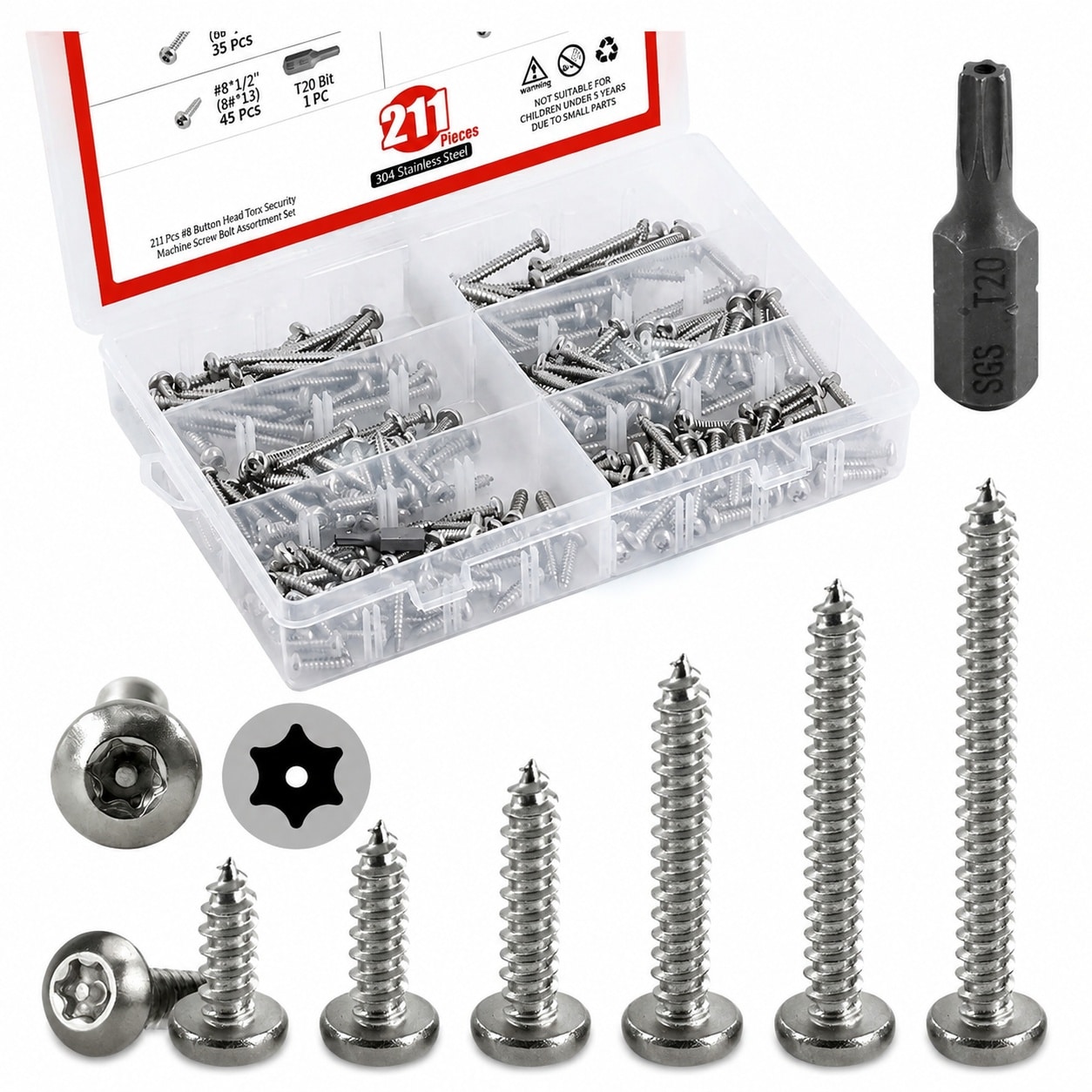 Yichuhaoxi  Stainless Steel Button Head Torx Sheet Metal Screws Assortment Kit with Screwdriver Bit 210 Pieces Sizes Eight by One half inch to