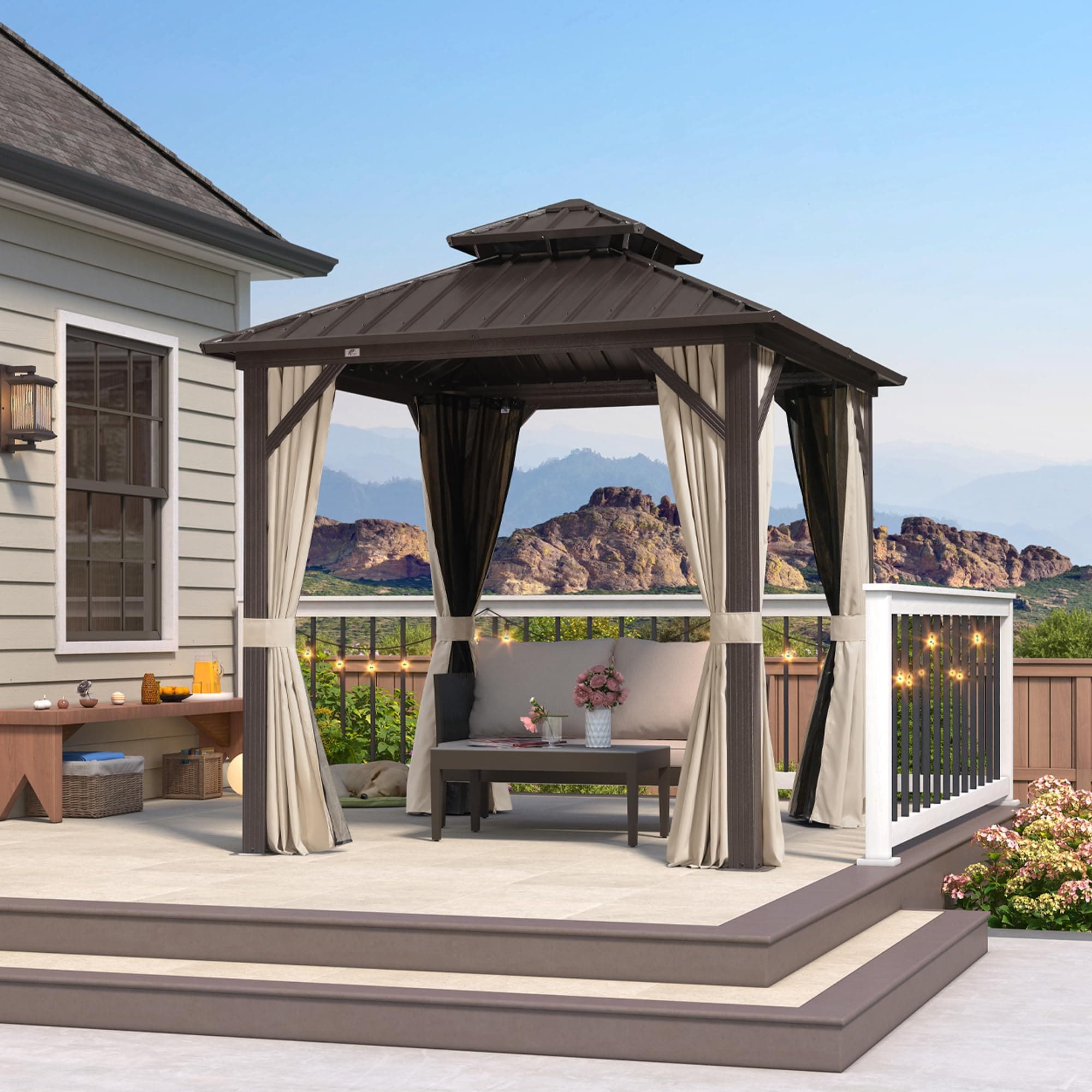 PURPLE LEAF LS04JJG0808-BR 8-ft x 8-ft Bronze Square Gazebo with Hardtop Steel Roof