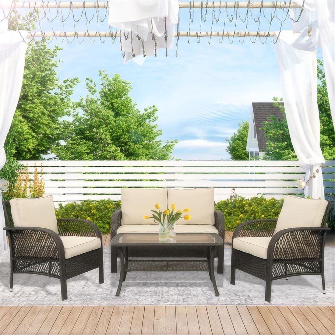 Bayfeve BF-S20TRB 4 -Piece Rattan Patio Conversation Set with Off-white Cushions
