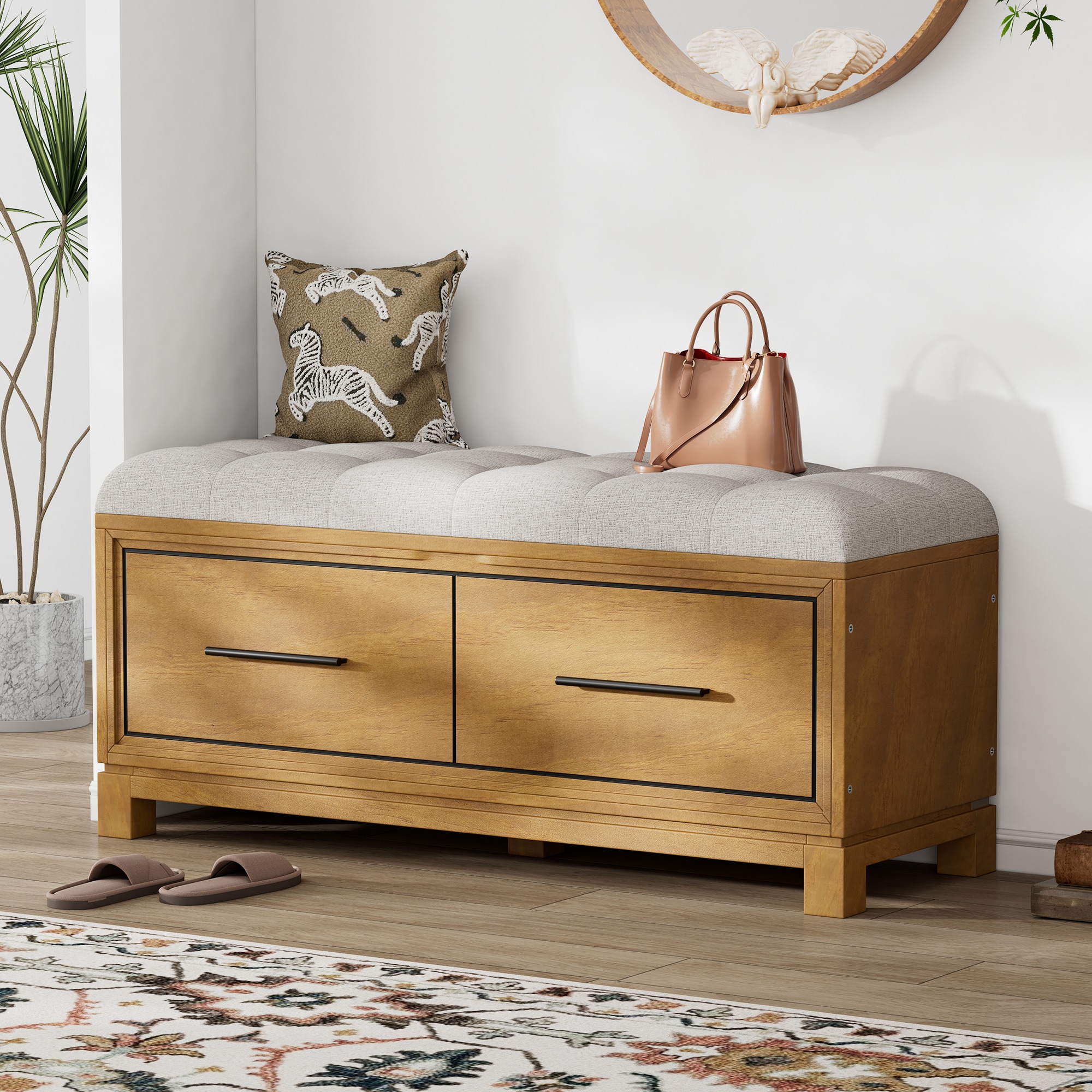 ModernLuxe N715P233804D Shoe Bench with Removable Cushion Entryway Bench with Hidden Storage for Living Room Entryway and Hallways Natural