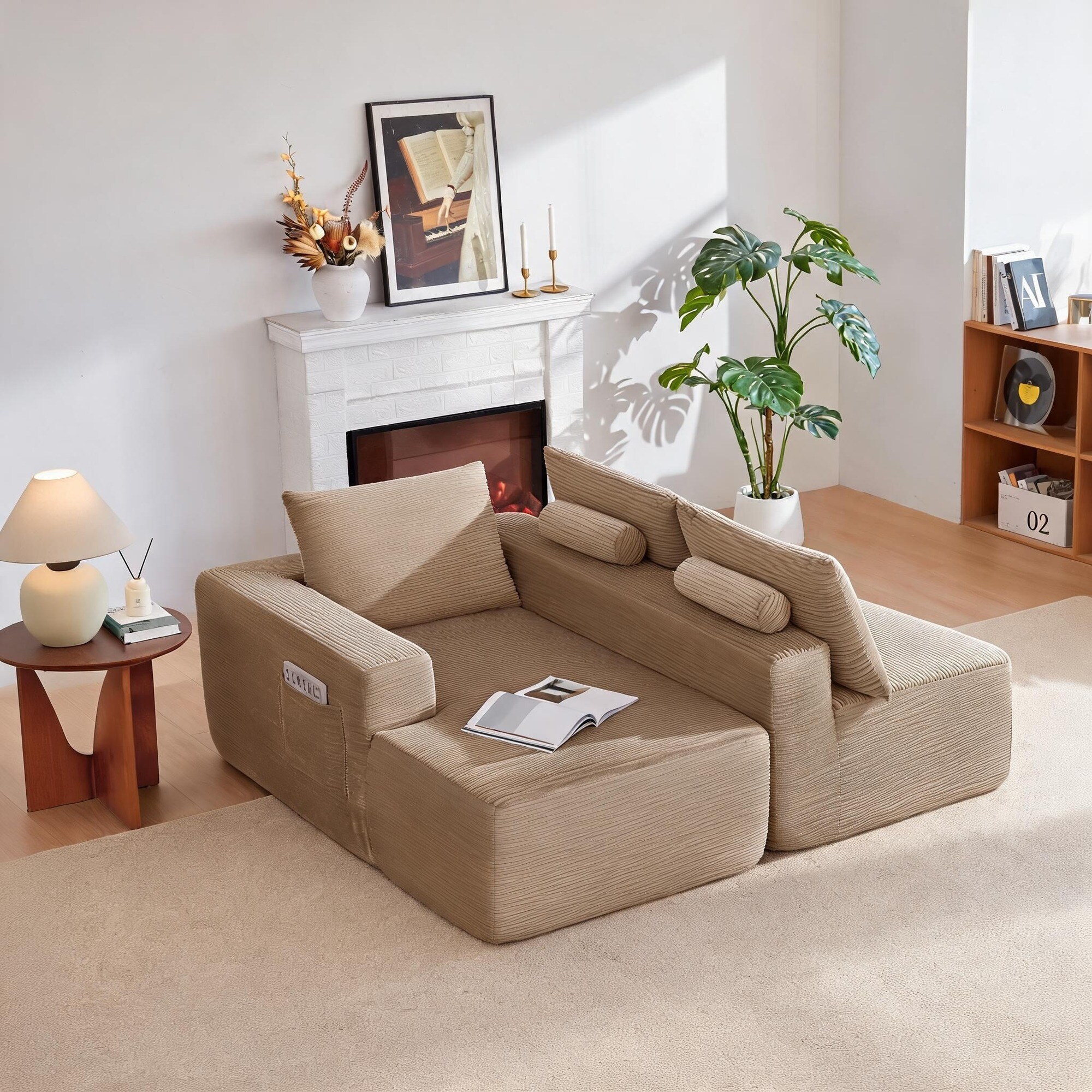 UOI 97 inch Camel Corduroy Fabric Cloud Sectional Couch with L-Shape ...