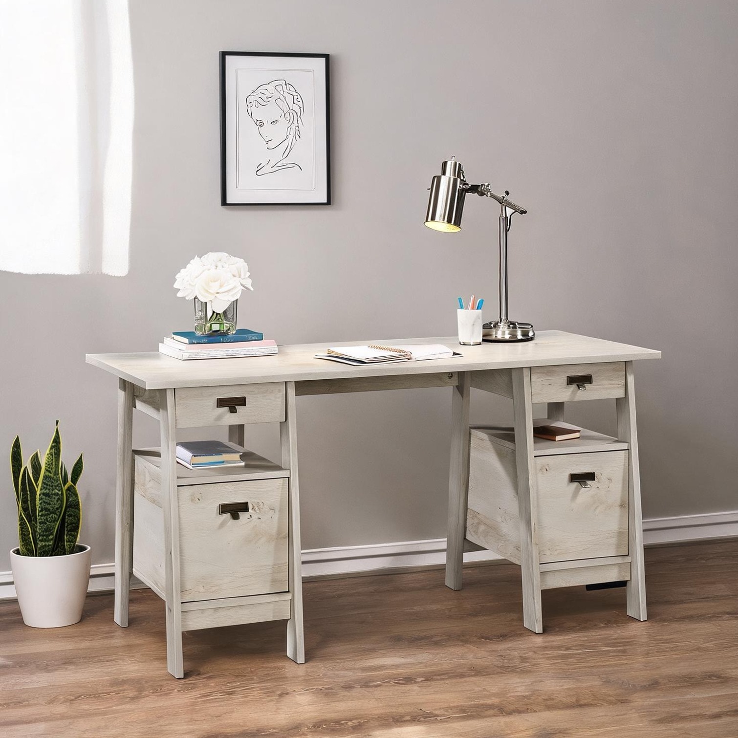 Executive Desk with Large Work Surface and Drawers Neutral Gray Engineered Wood 59-Inch Rectangle for Home Office