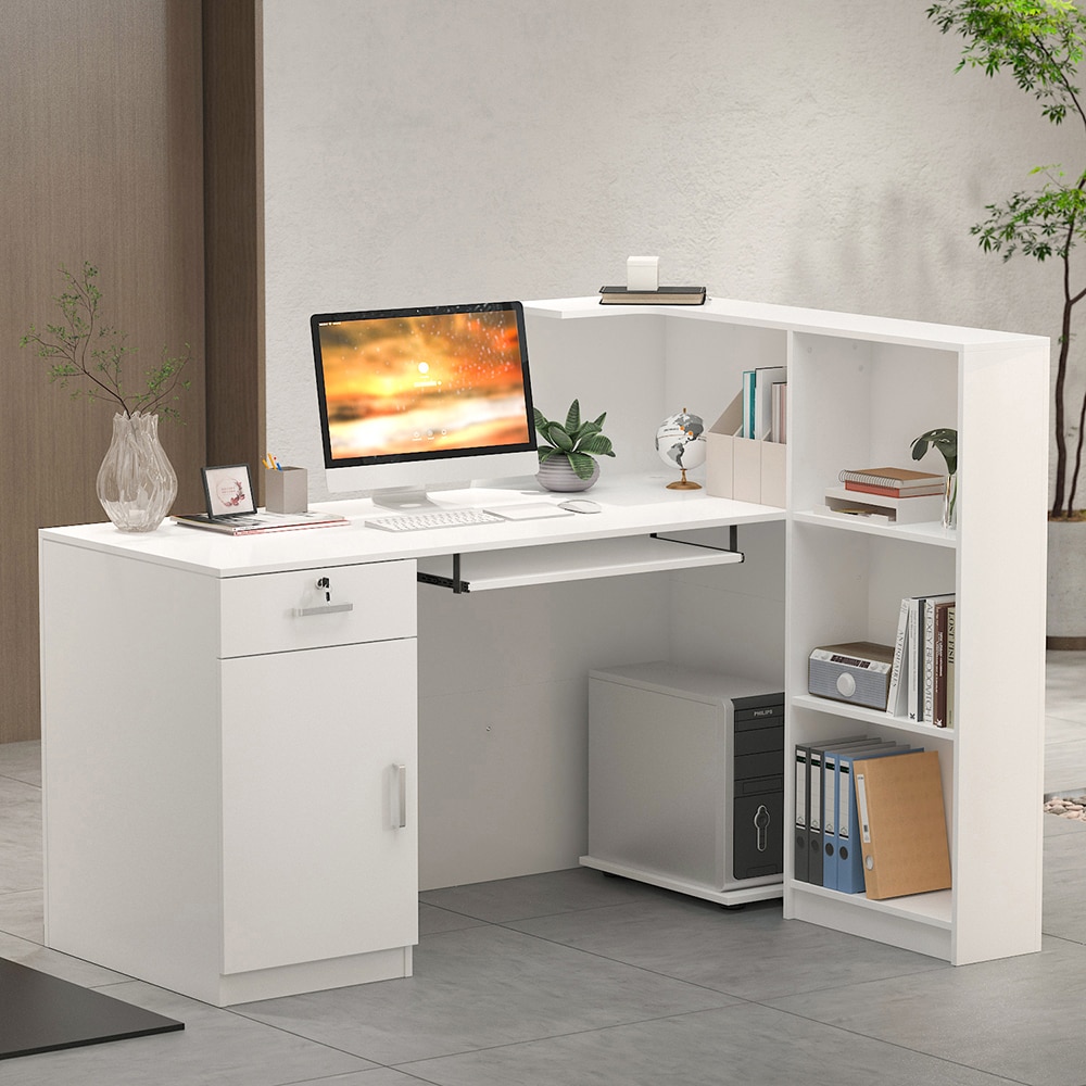 Homsee C-KF250003-01-AB 55.1 Inch L Shaped White and Black Computer Desk with Shelves Drawer and Keyboard Tray for Home Office or Reception