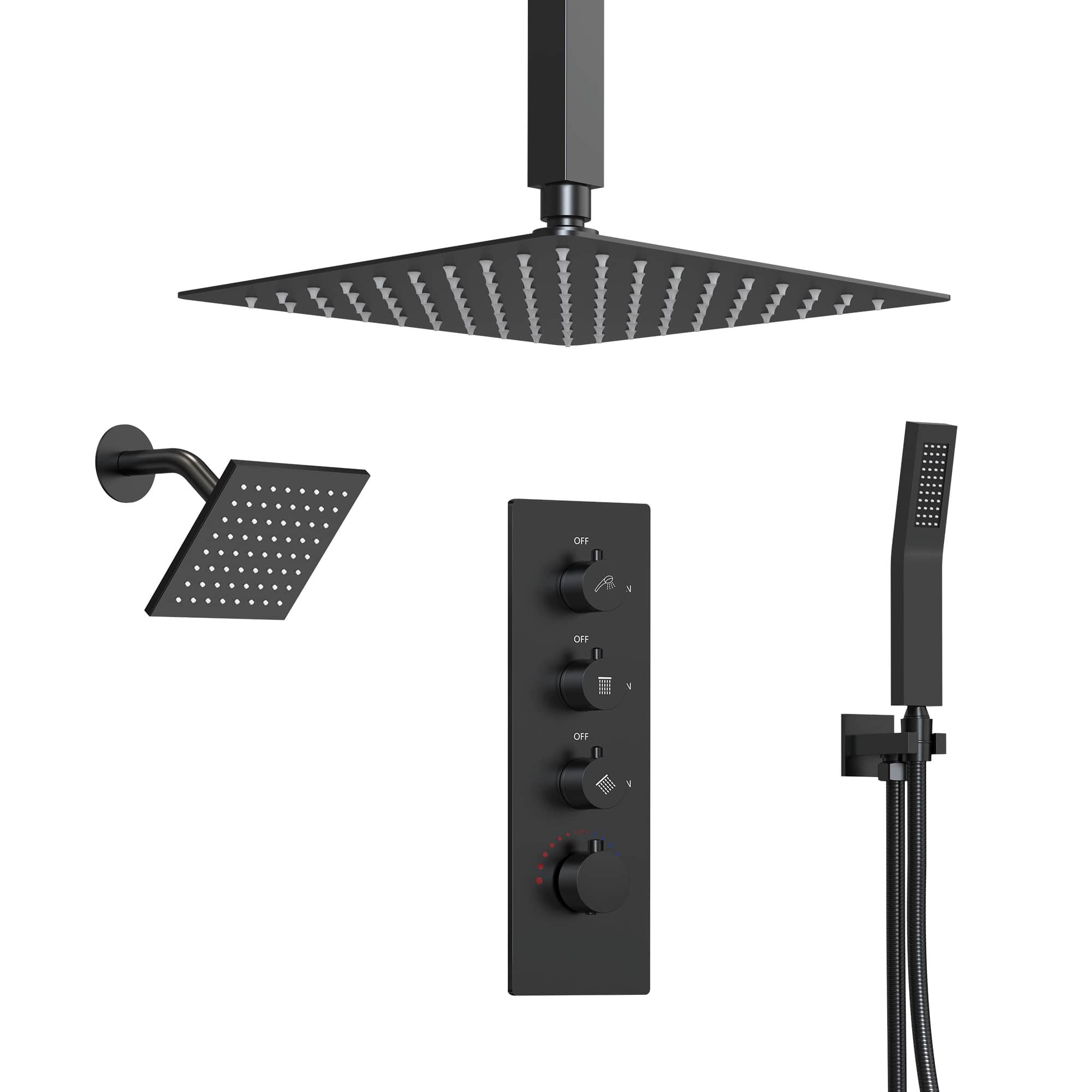 EVERSTEIN SFS-1061-BK16 7-Spray 16 and 6 in. Dual Shower Heads Ceiling Mount Fixed and Handheld Shower Head in Matte Black (Valve Included)