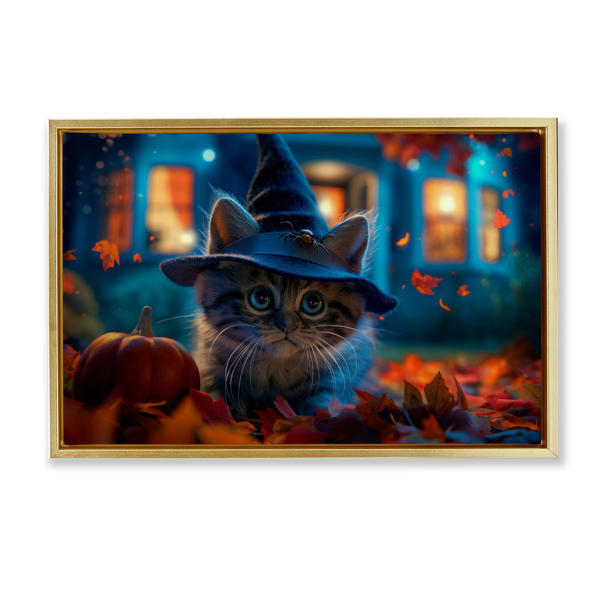 Stupell Industries BT-336-FFG-16X24 Halloween Witch Kitten and Pumpkin Gold Framed Floater Canvas Wall Art By Wumples 25 x 17